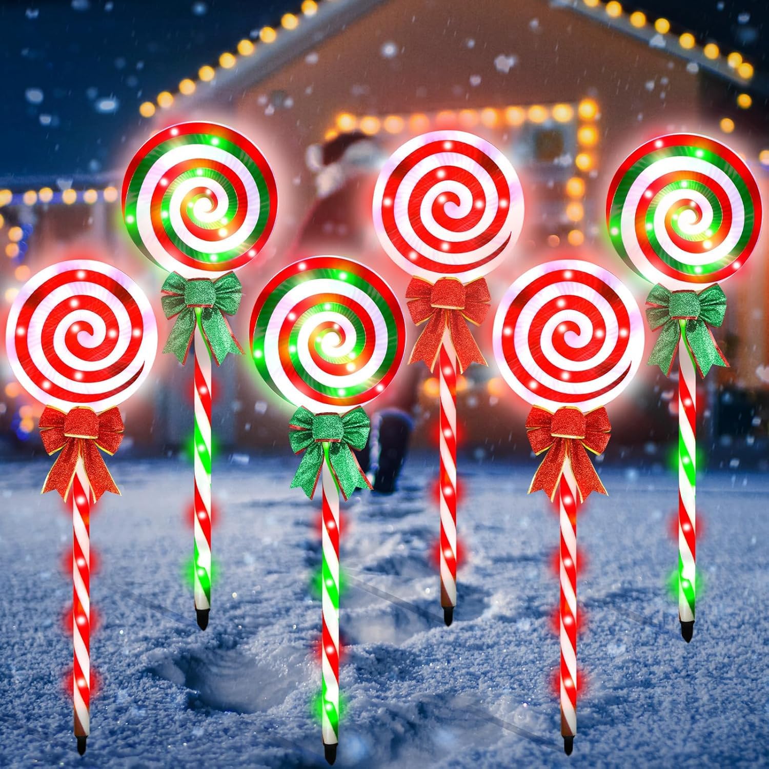 6 PCS Christmas Pathway Lights Outdoor Decorations, 28 Inch Lollipop Walkway Stake 8 Lighting Modes Flickering Candy Marker Wate