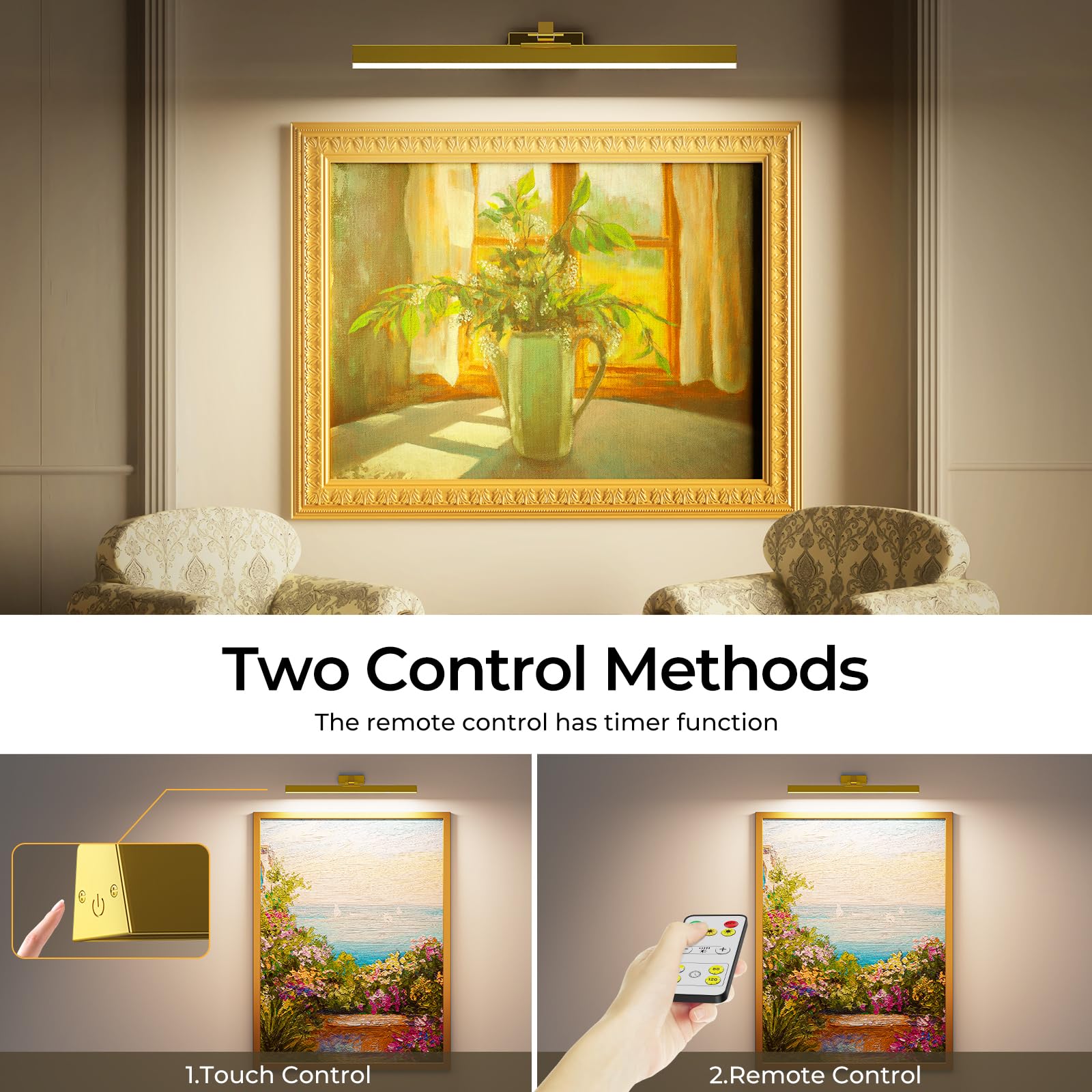 Afyuol Picture Lights, 2PCS 24in Battery Operated Wall Lamp, Dimmable with Remote, Metal, Gold Color, Model HB-1