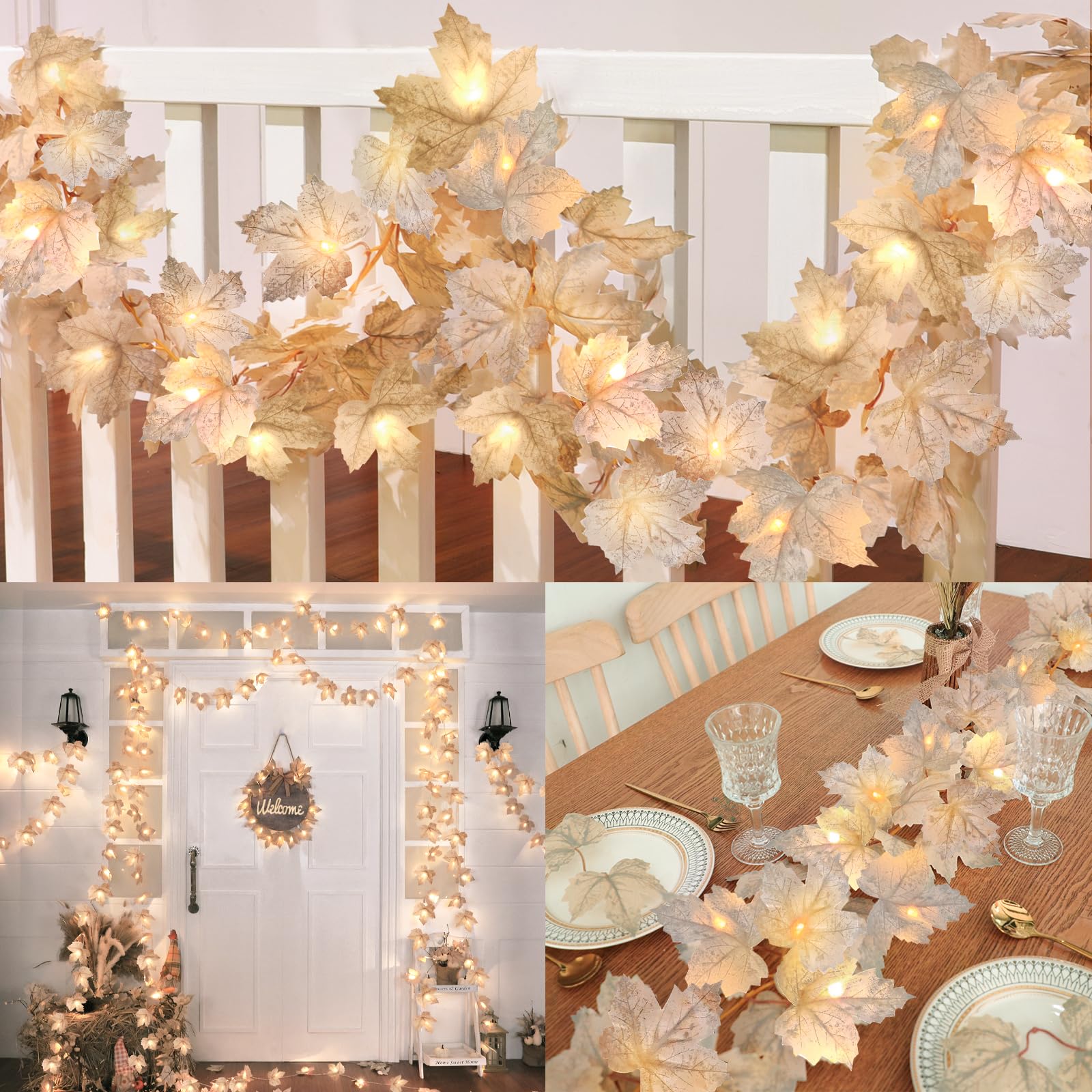 5 Pack Thanksgiving Garland with Lights Maple Leaf String Lights - Total 32.5 Ft Fall Leaf Garland String Lights with 100LED Bat