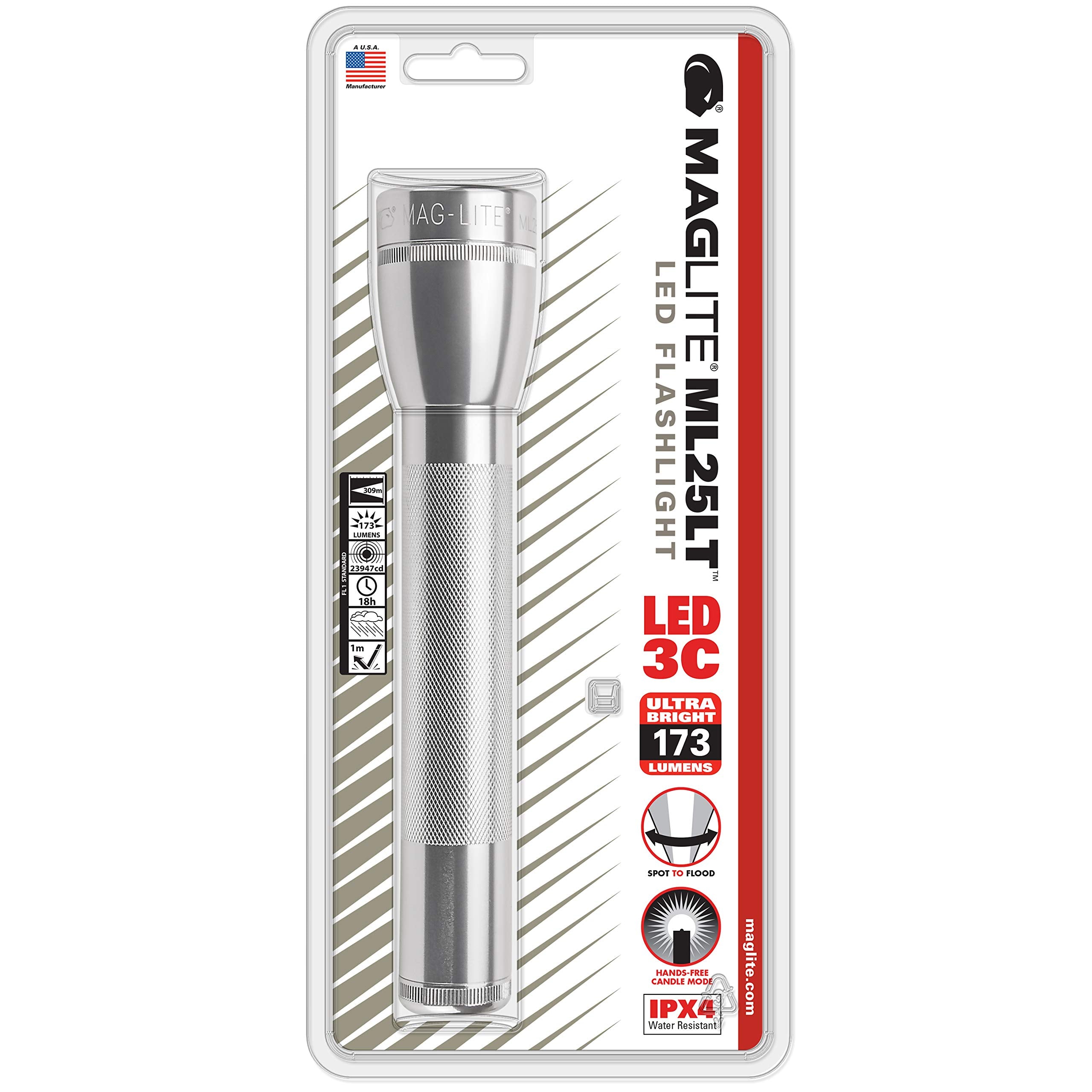 MagLite ML25LT LED Flashlight, 3-C Cell, Aluminum, Silver