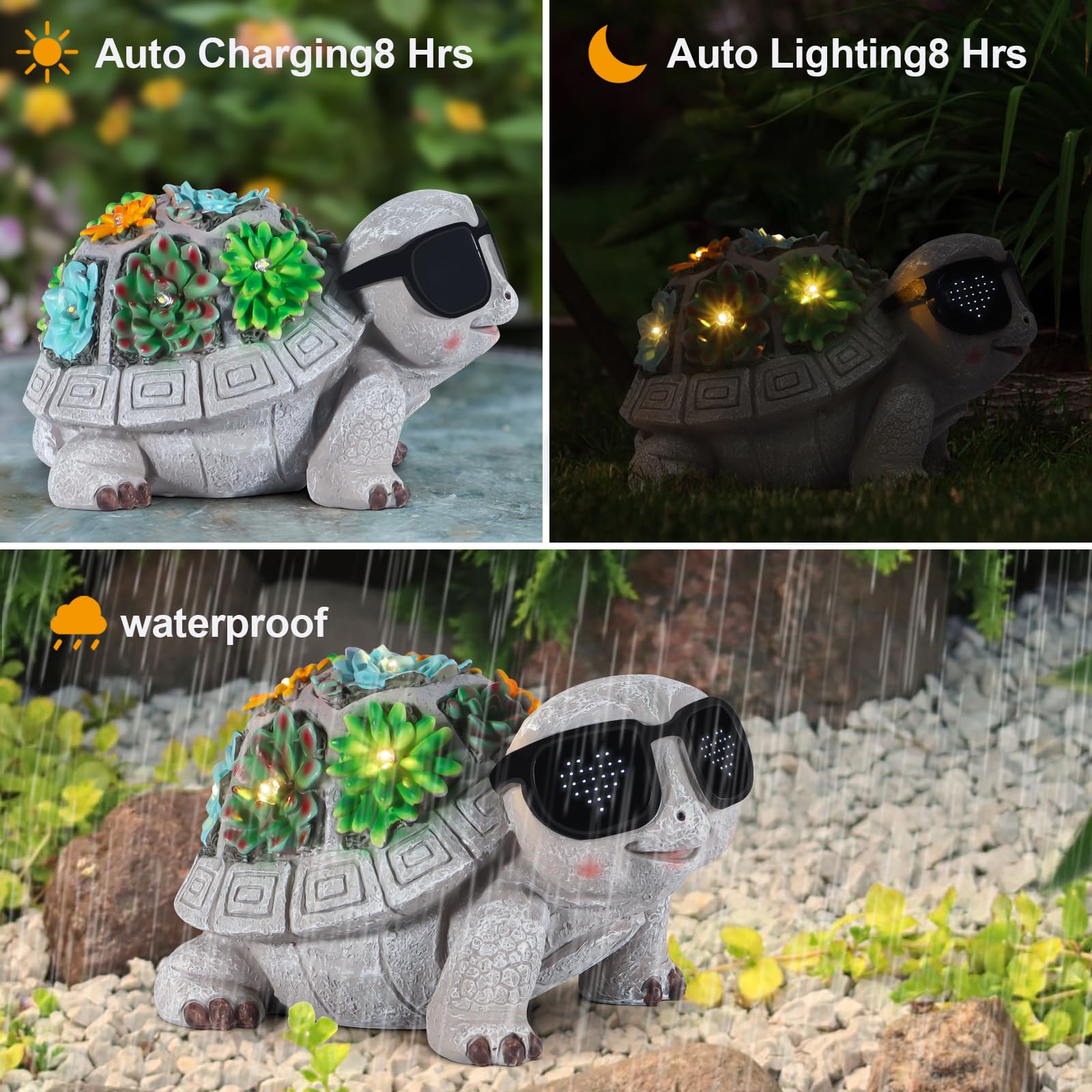 Pawatee Solar Garden Turtle Statue with Succulent & LED Lights, Gray, 7.48x4.92x4.72in - Unique Outdoor Decor for Patio & Lawn