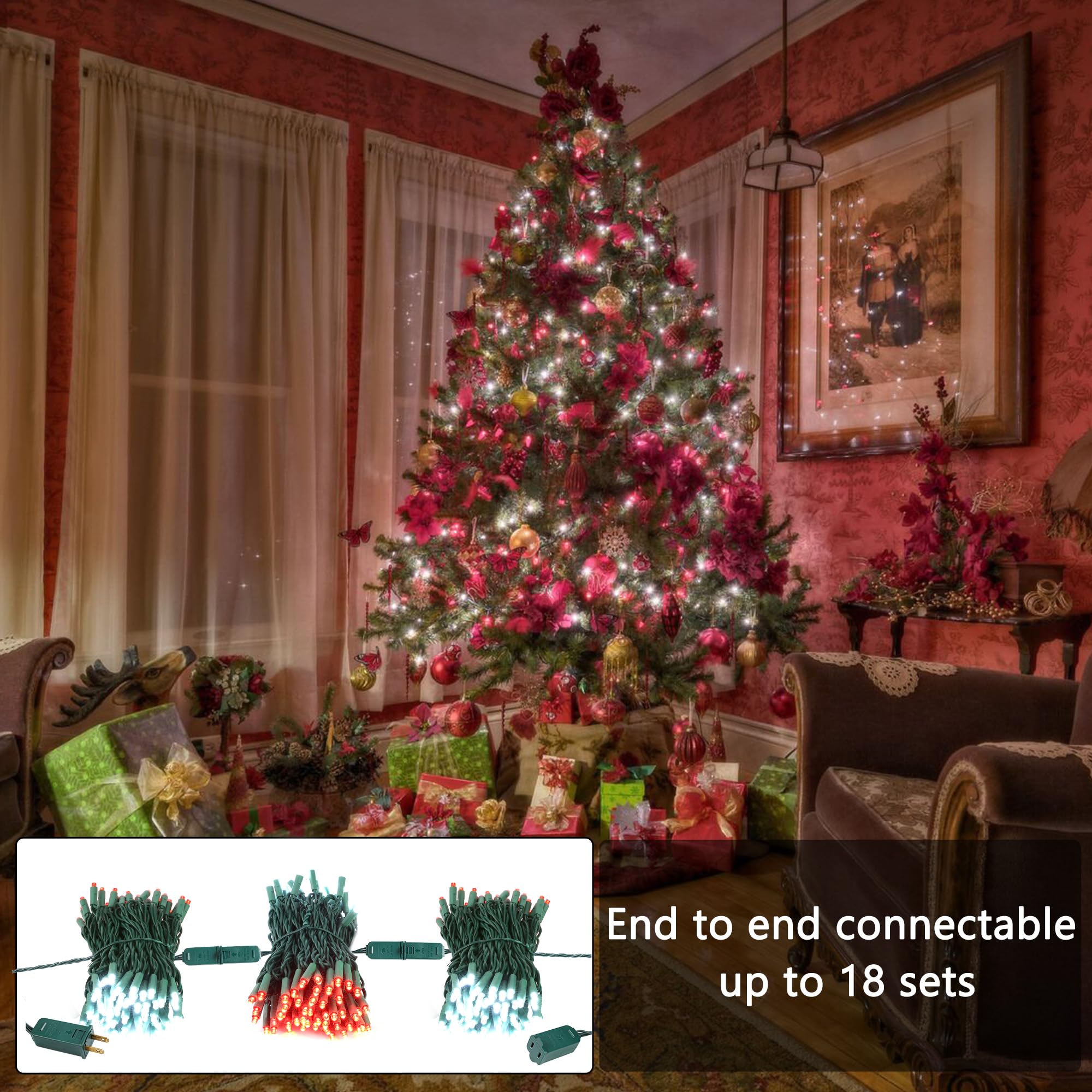 Odeetronic Red & White Christmas Lights, 33Ft 100Led Twinkle Christmas Lights, 5Mm Wide Angle Mini Christmas Lights, Connectable