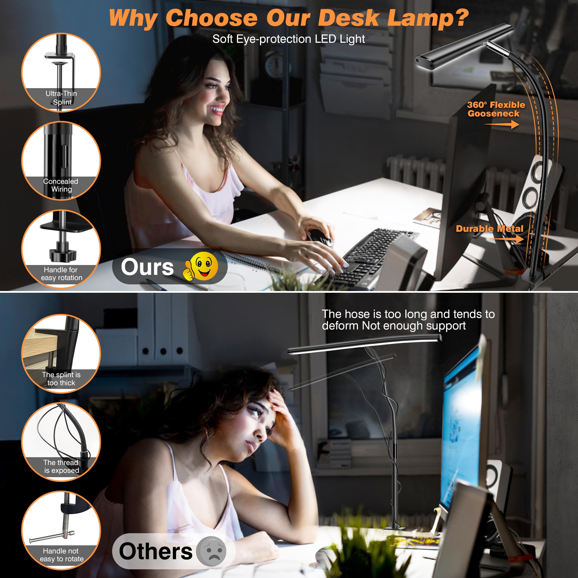 Airlonv Led Desk Lamp - Eye-Caring, Stepless Dimming, Gooseneck, Usb Adapter, Black