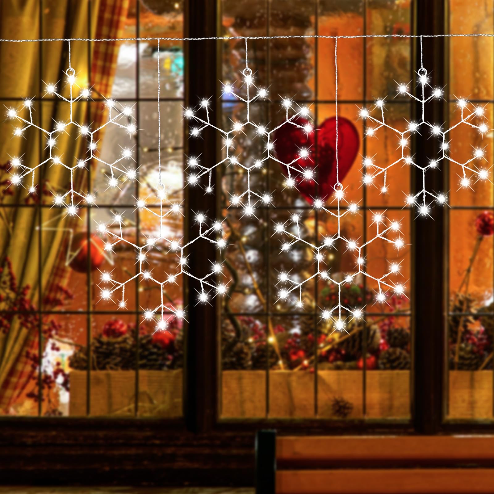 Baquler Snowflake String Lights - 5 Pcs LED 12-Inch White Hanging Decorations, 8 Modes, Indoor/Outdoor Christmas Decor
