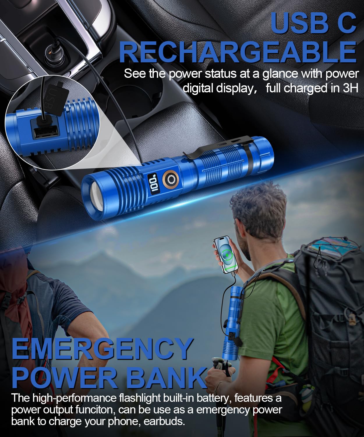 Spriak Rechargeable Flashlight - Super Bright, Waterproof, Dimmable, 2 Pack, Aluminum, K2301-Digital, Blue