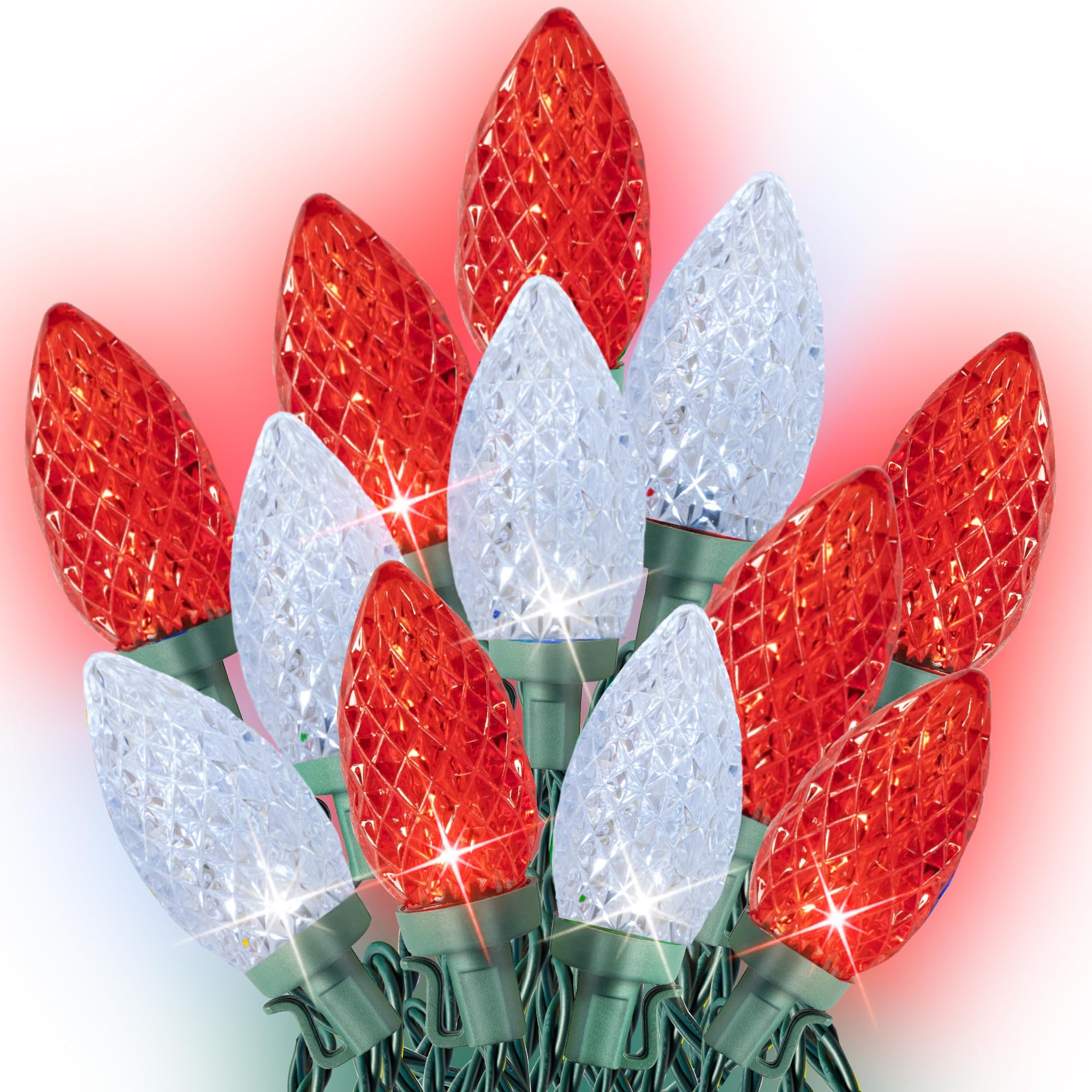 Dazzle Bright C9 Christmas String Lights, 100 Led Waterproof Red & White Fairy Lights, 66 Ft