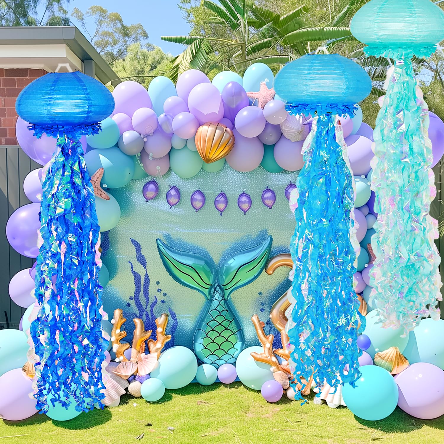 Obxt 10'' Blue Jellyfish Paper Lanterns - Under The Sea Birthday & Mermaid Party Decorations, Ocean And Beach Theme Indoor Outdo