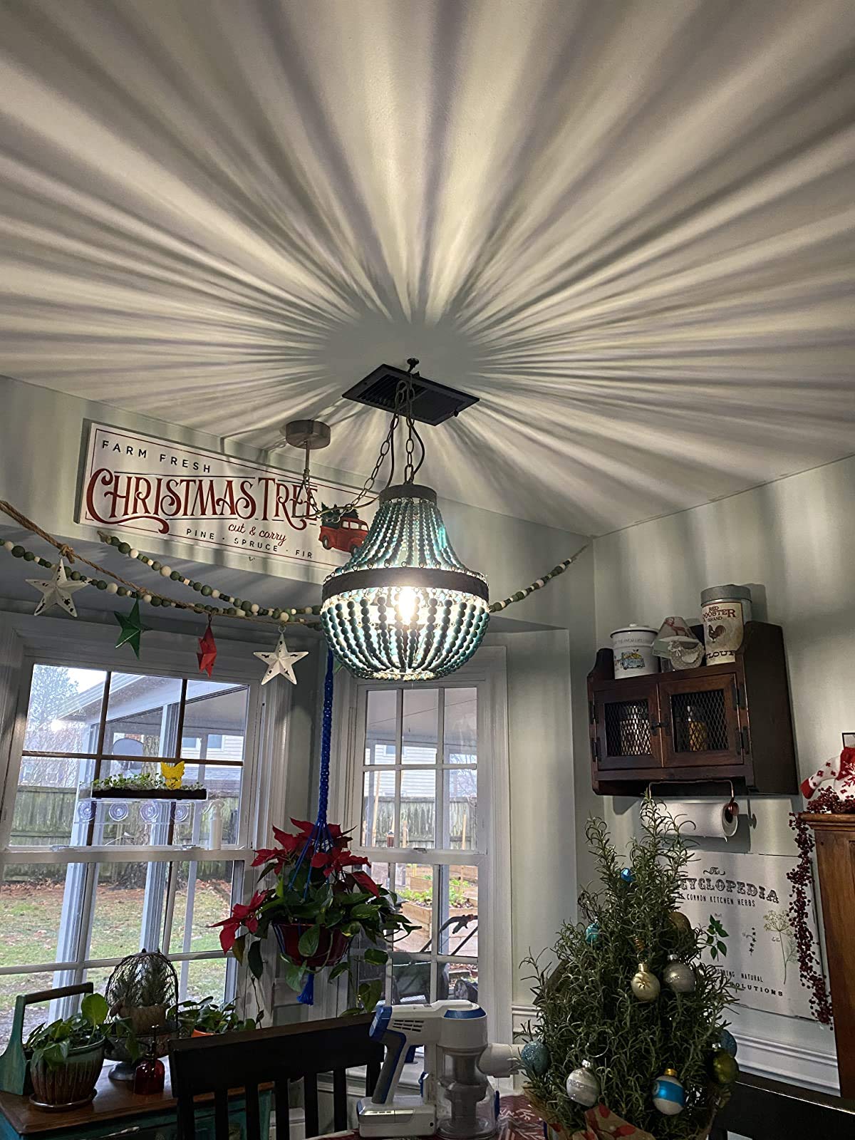 Newrays Wood Bead Chandelier Pendant Light, Gray Blue, 13.58"x15.74", Retro Vintage Rustic Ceiling Lamp Fixture