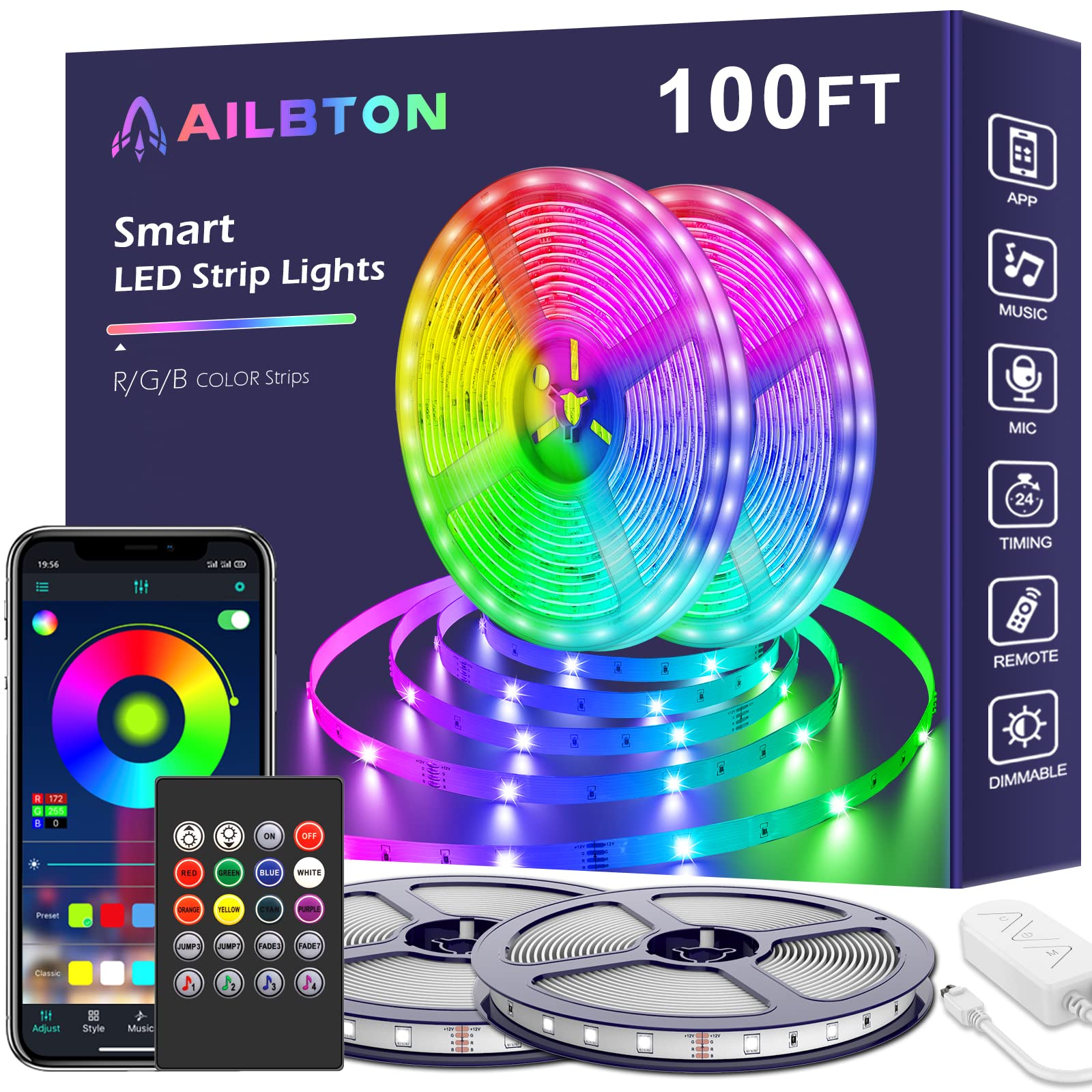AILBTON LED Light Strip, 100ft Music Sync RGB, Bluetooth App Control, Remote, 5050 RGB, Multicolor
