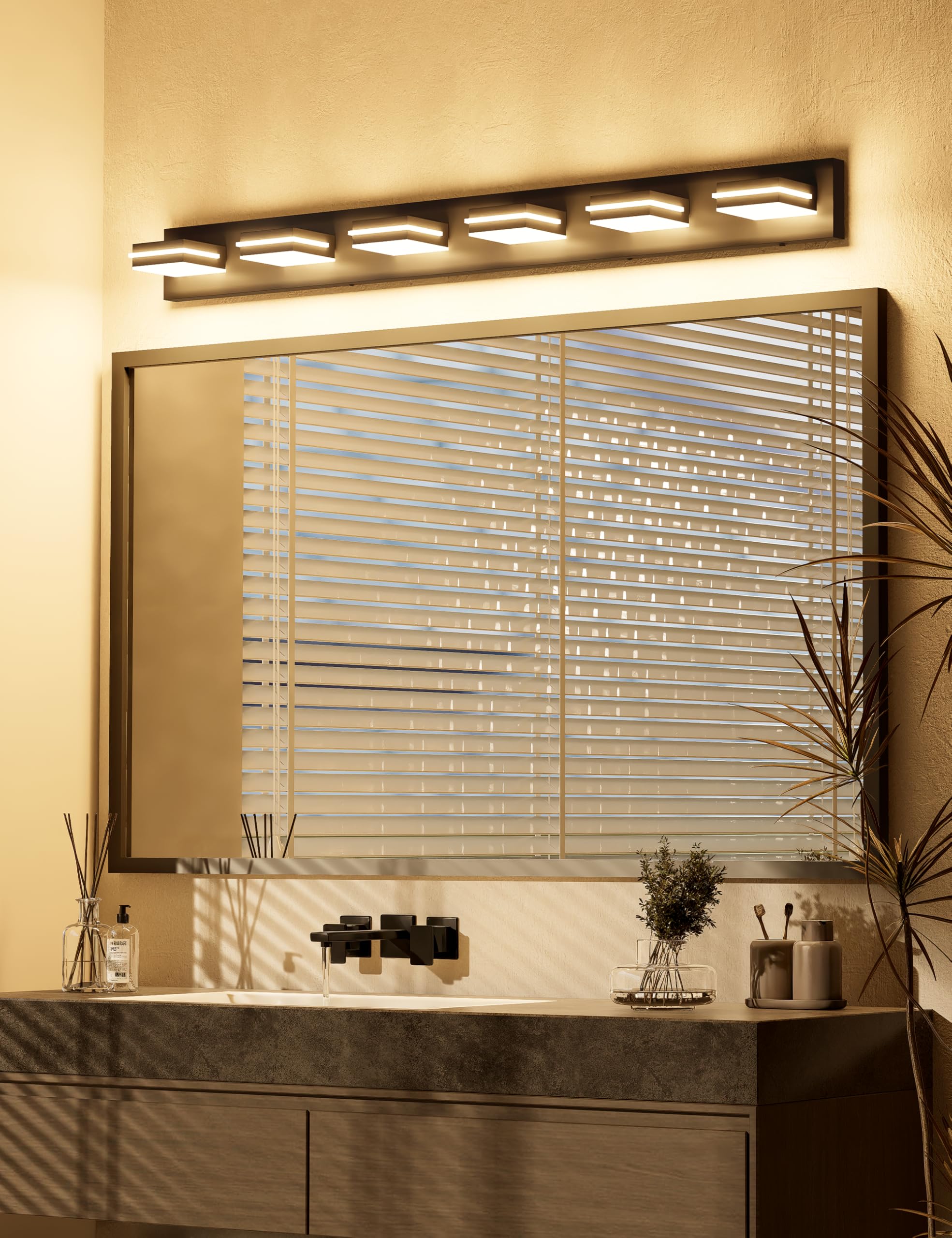 VOLISUN 6-Light Dimmable Bathroom Vanity Light, 48-Inch, 5CCT, Rotatable Acrylic Fixtures, Model 9553F, ETL Certified, Black