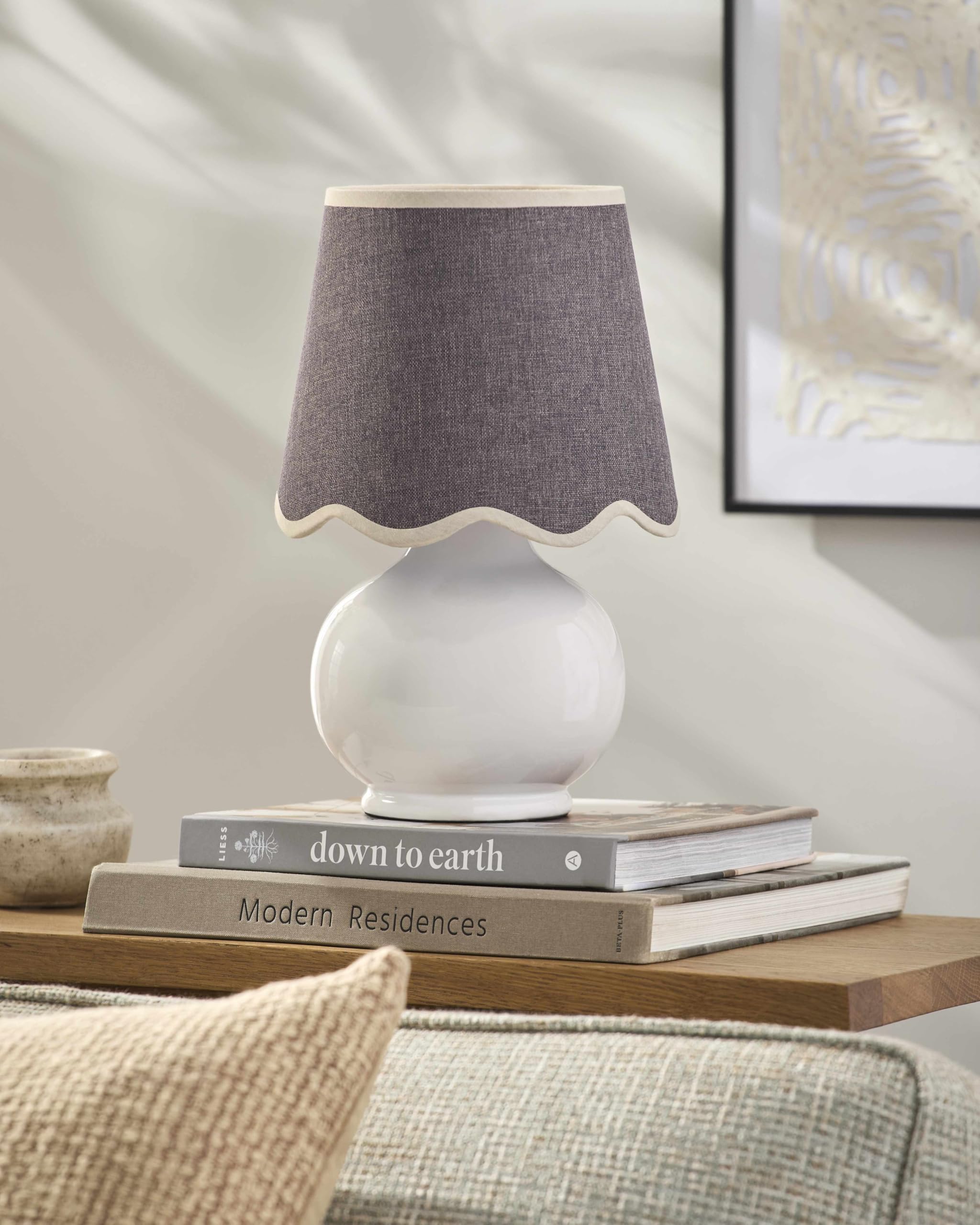 BoutiqueRugs Theisseil Boho Ceramic Table Lamp - Cotton Shade - 13inH x 8inW x 8inD - White, Gray - Model TXCHMB1-045