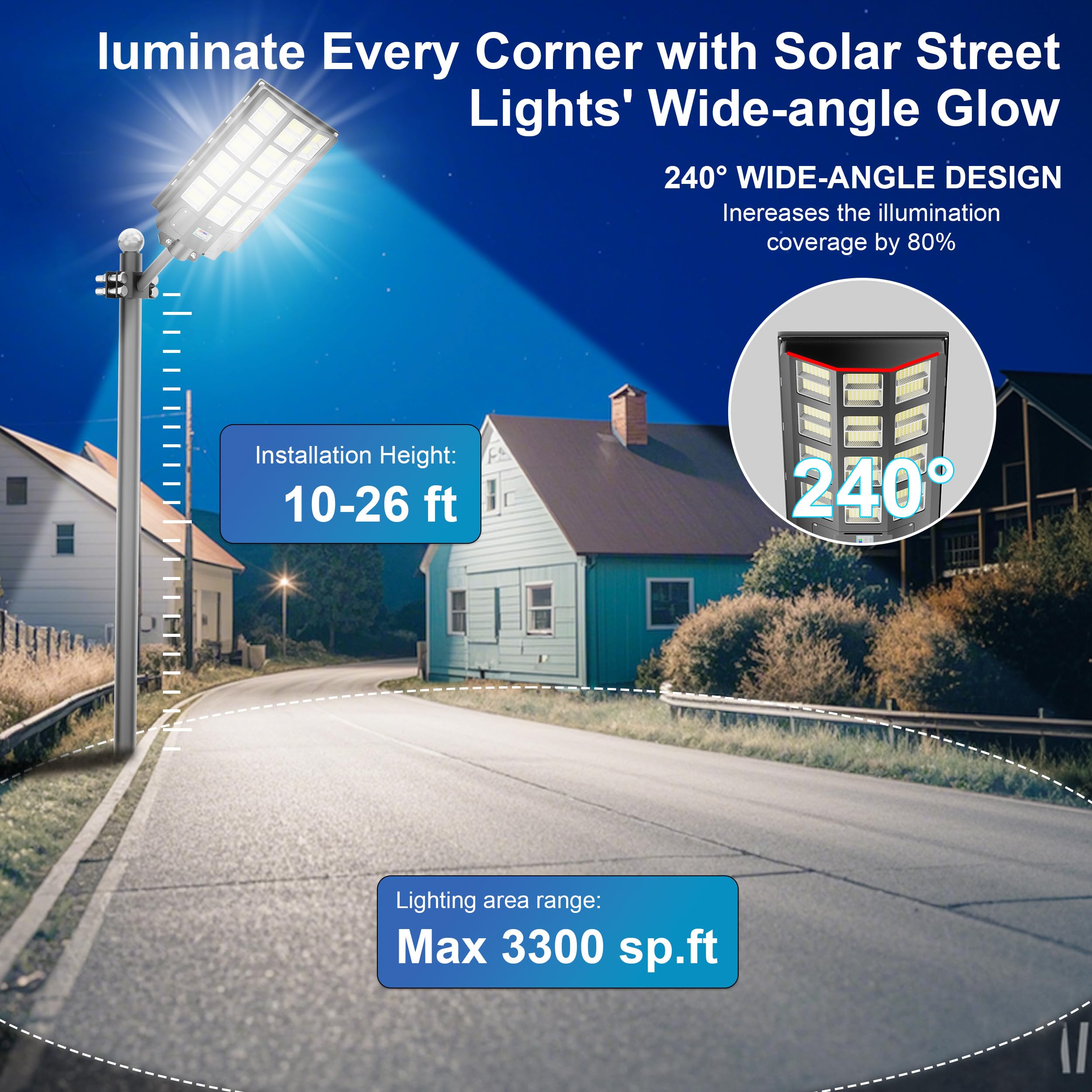 XMPTYN Solar Street Light 8000W, 240000LM, Dusk to Dawn, Motion Sensor, 3 Pack, Black, Model DWM-SP102