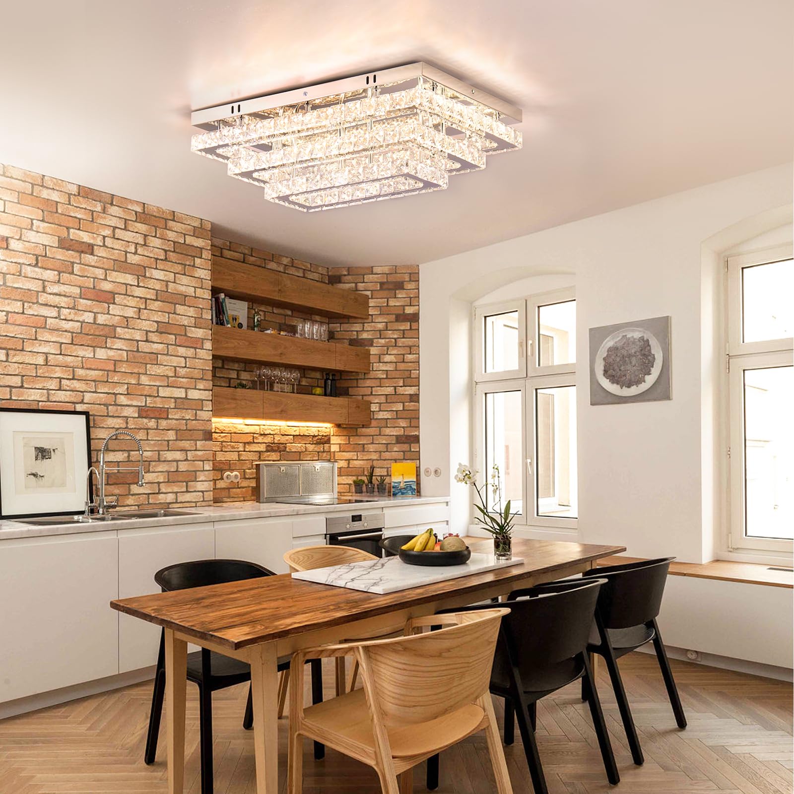 Finktonglan 20&quot; Dimmable Crystal Led Rectangular Flush Mount Chandelier For Living Room/Bedroom