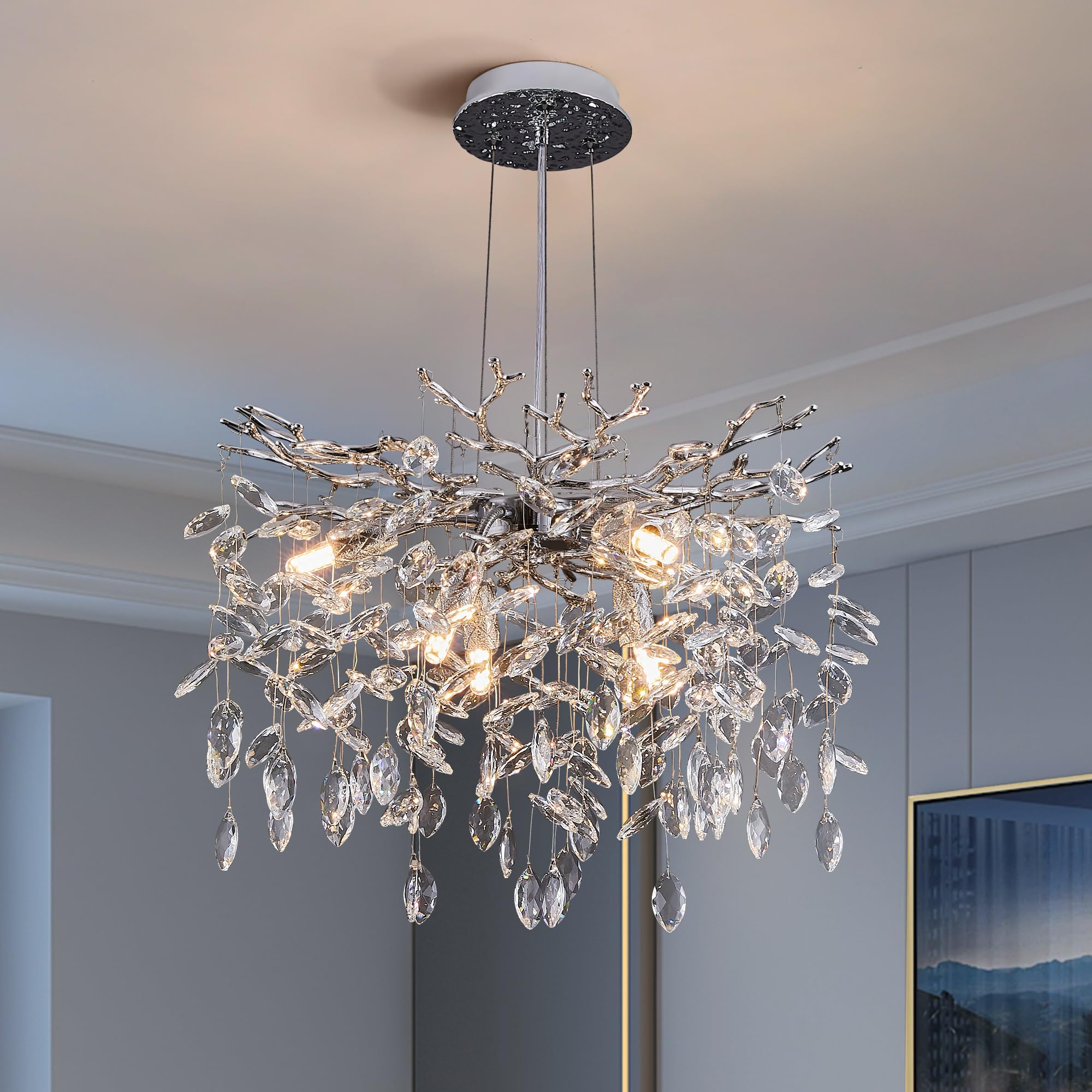Modern Tree Branch Crystal Chandelier Luxury Silver Crystal Pendant Lighting 18'' Contemporary 6-Light Chandeliers for Dining Ro