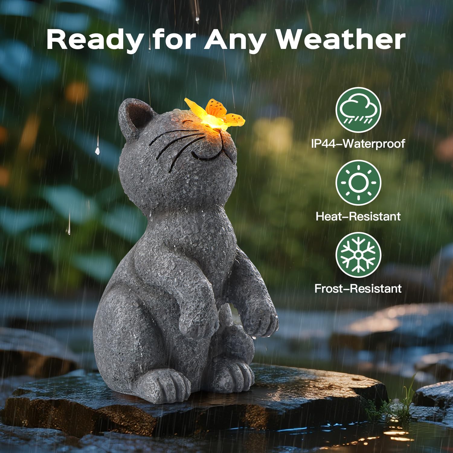 DyBaxa Solar Garden Décor Cat Statue - Dark Gray Resin Butterfly Light for Outdoor Patio, Balcony, Yard, Gifts for Women, Mom, Grandma