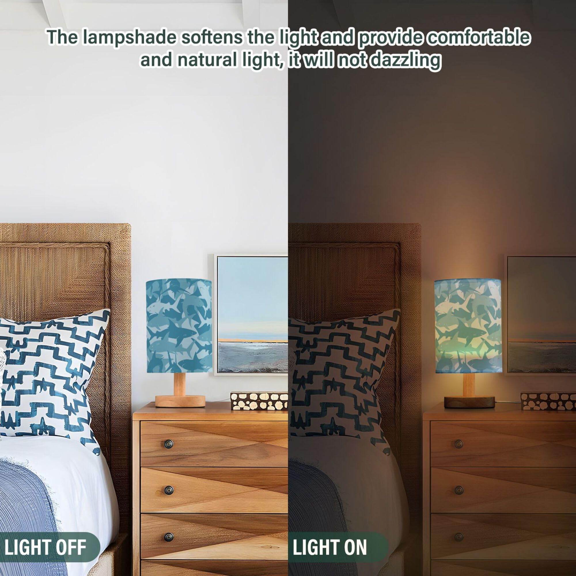 Yyzzh Table Lamp Blue Shark Pattern Marine Animal Nightstand Lamp With Wood Base Fabric Lamp Shade Bedside Desk Lamp For Living
