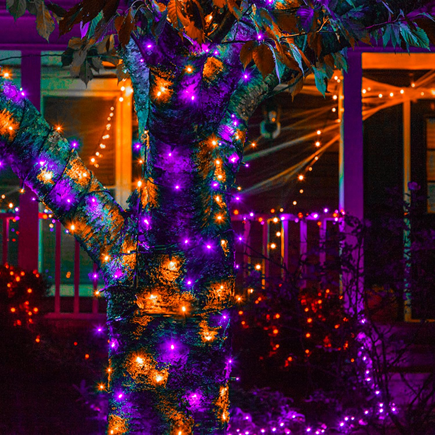 4Pk Orange And Purple Solar Halloween Lights Outdoor Waterproof, 400Led 132Ft Solar Powered Led String Lights Black Wire With 8