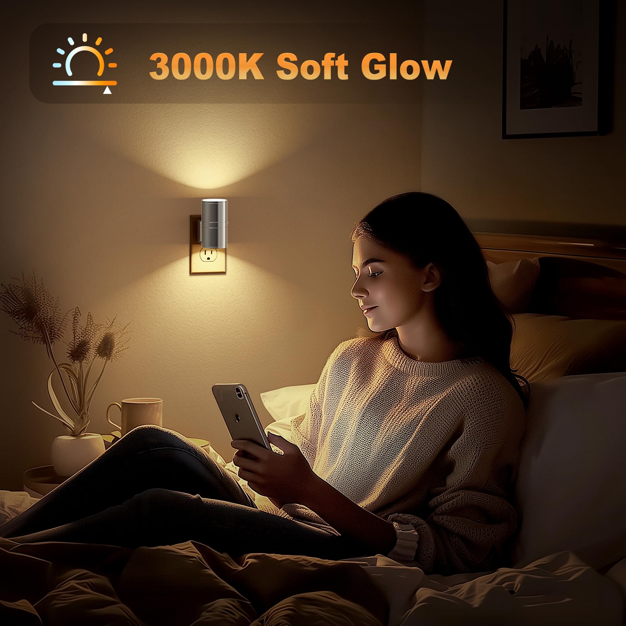 JandCase LED Night Light Plug-in, 2 Pack, Dimmable 3000K Soft White, Automatic Light Sensor, Silver Finish