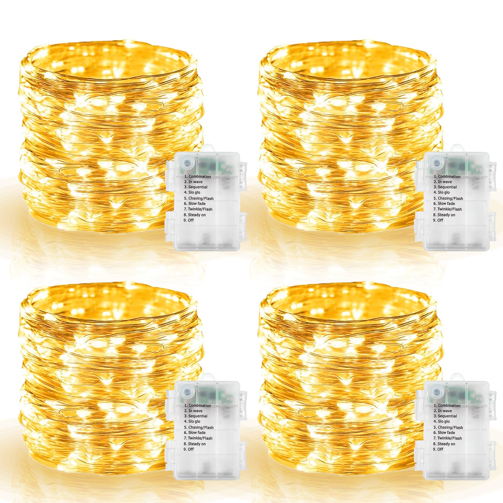 4 Pack Battery Operated Fairy Lights 16.4 Ft 50 LED Christmas Fairy Lights with Auto Timer 8 Modes  Waterproof Silver Wire Battery Twinkle Lights for Wedding Christmas Decor (Warm White)