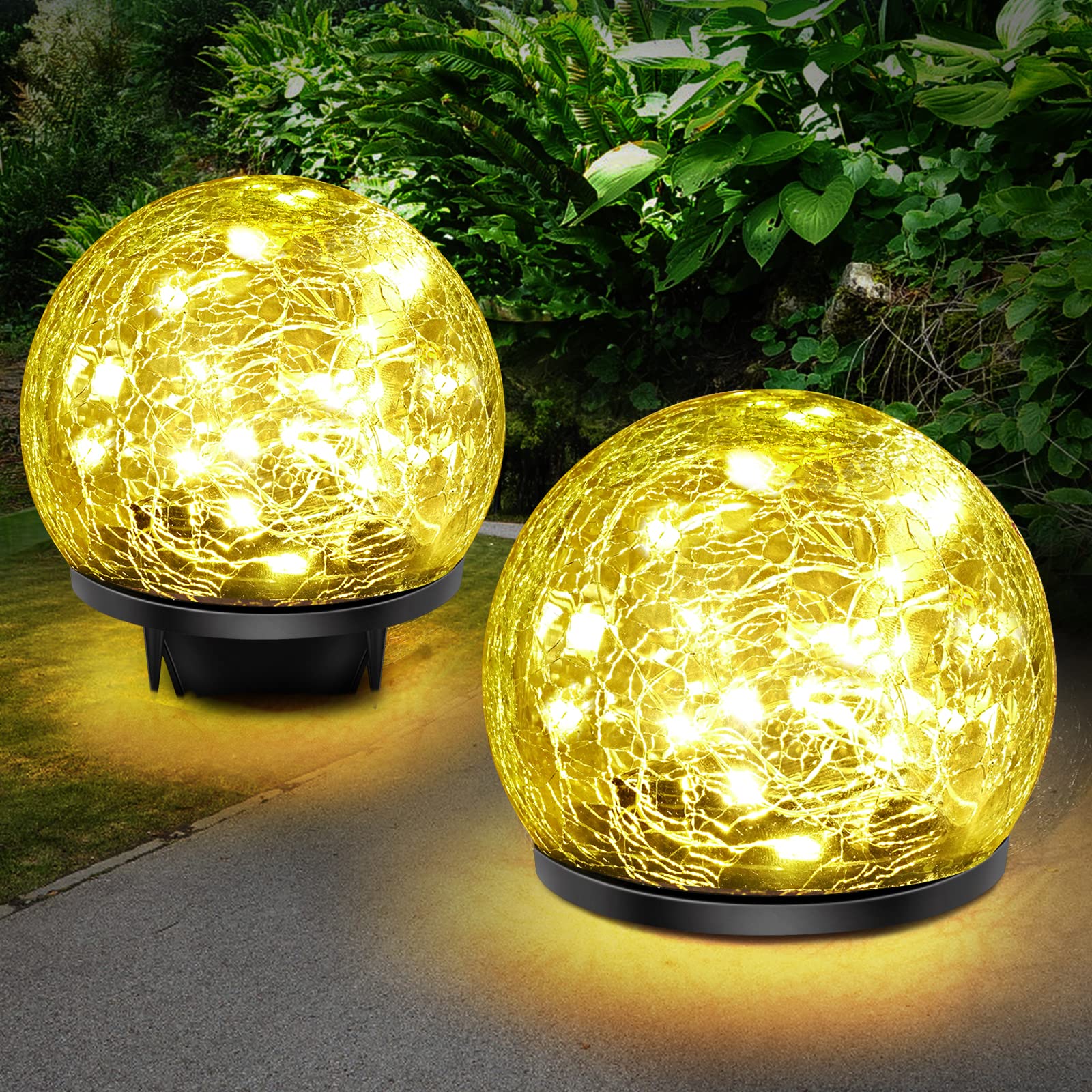 Keevvon Solar Garden Lights, 2 Pack 80 LED Cracked Glass Solar Globe Lights Outdoor Decoration, Upgraded Waterproof Warm White Ball Lights for Yard Pathway Patio Lawn Christmas Outside Decor, 5.9&quot;