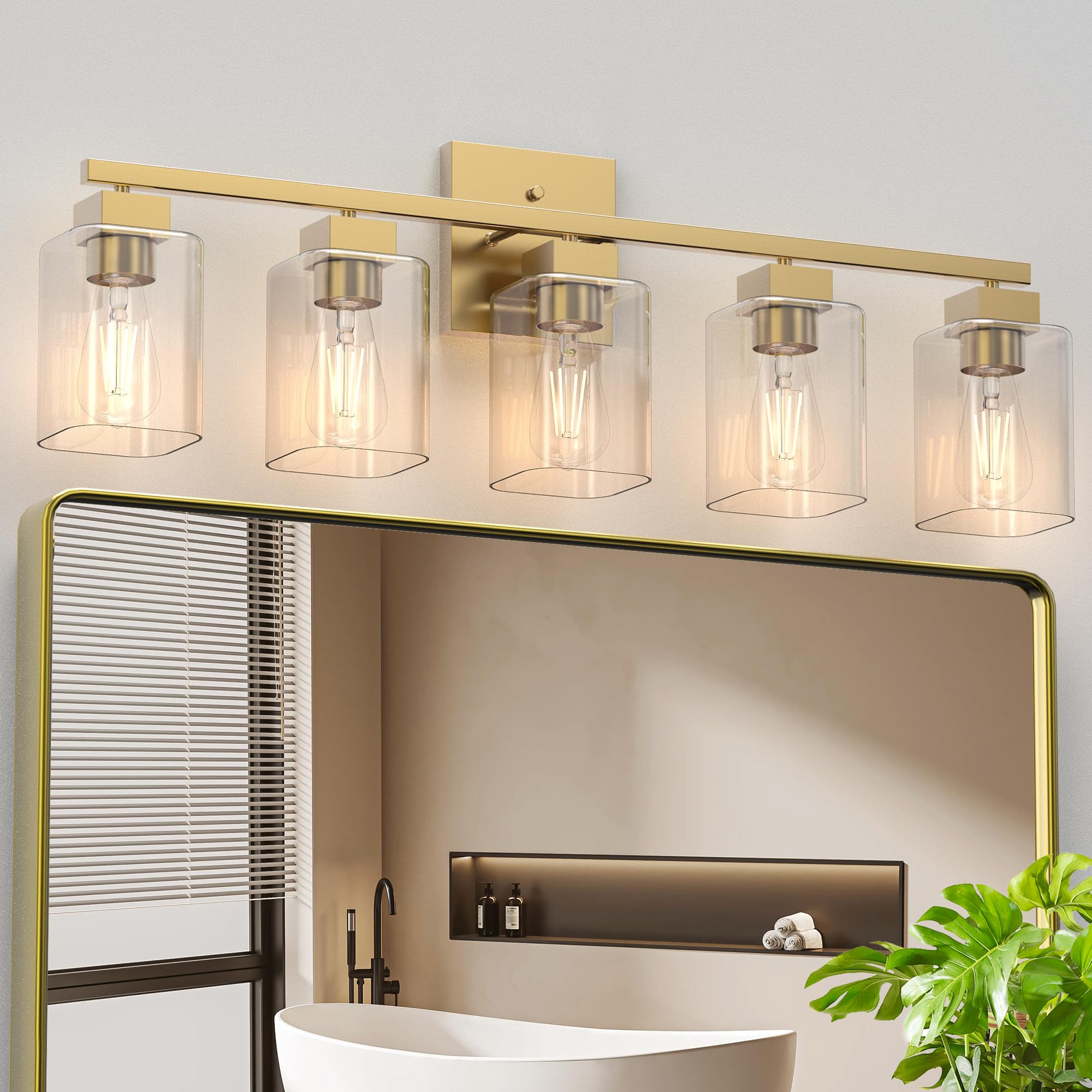 Espird 5 Light Bathroom Vanity Light - Brass Gold Light Fixture Bathroom Square Design & Ul Certification, 31 Inch Long Gold Bat