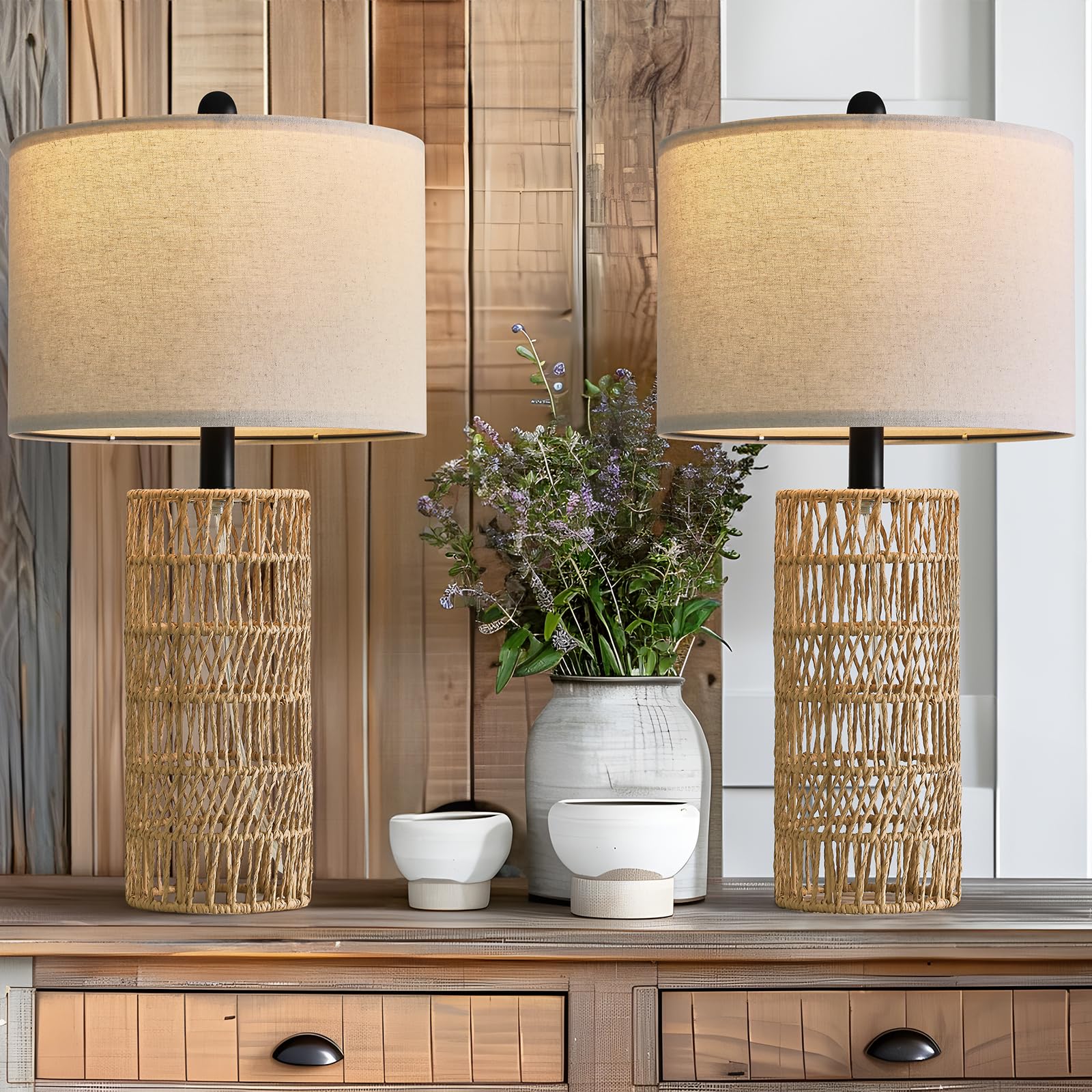 OYEARS Boho Table Lamps Set of 2, 22.5" Rattan Design, Brown, Ideal for Living Room and Bedroom Decor, Model AMZ-T121