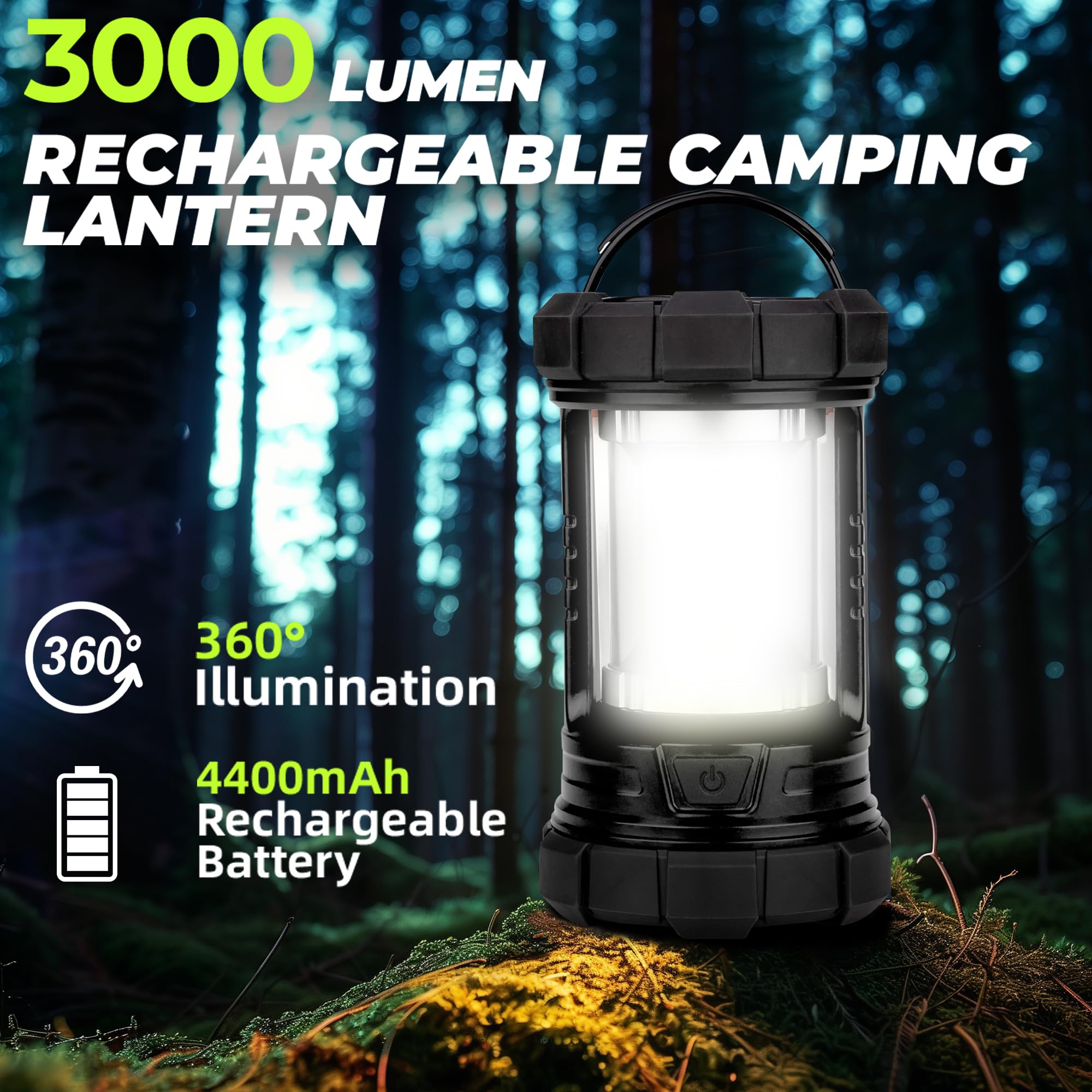 Favourlite Rechargeable Camping Lantern 3000LM 5 Light Modes LED Portable Waterproof Black ALS-6663-BK-US