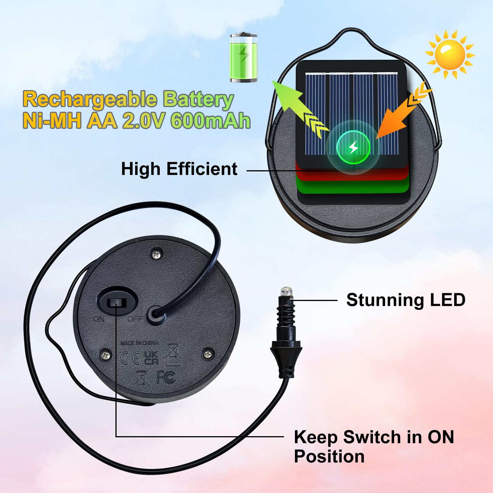 2Pack Solar Lights Top Replacement with Rechargeable Battery AA 600mAh for Solar Lantern Lights, Garden,Patio, Yard Christmas De