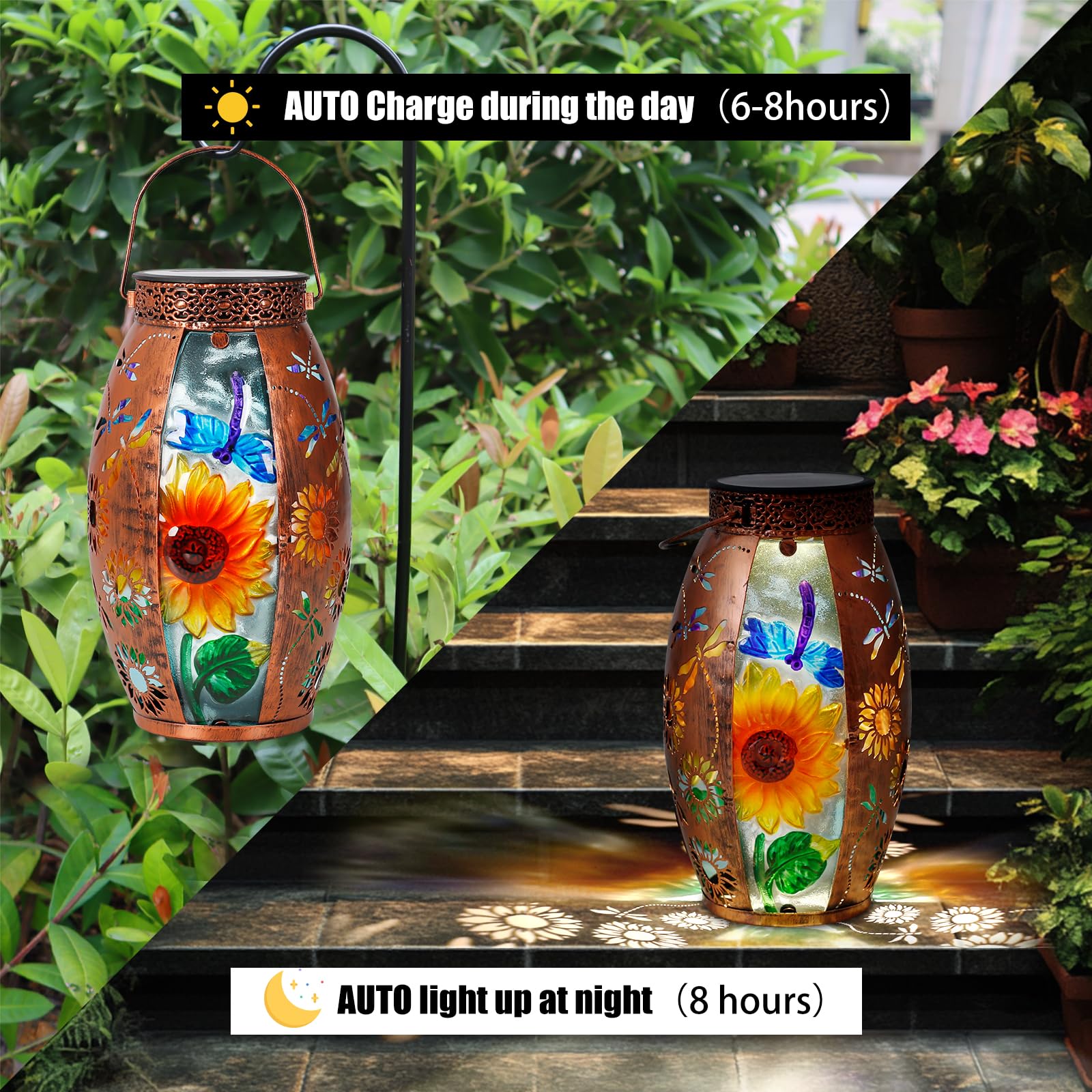 Solar Lanterns Outdoor Hanging Lights Decor Dragonfly Lantern Waterproof Metal Led Sunflower Light Decorative Garden Yard Patio Lawn Gifts For Women Mom
