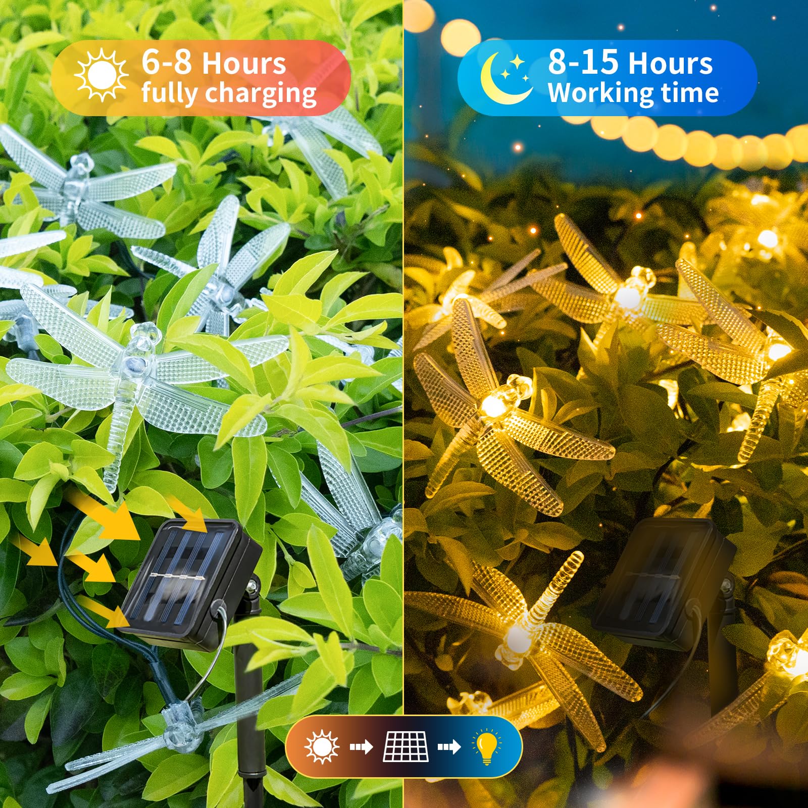 Asfsky Dragonfly Solar Lights Outdoor 50 Led Dragonfly Lights Waterproof Warm White