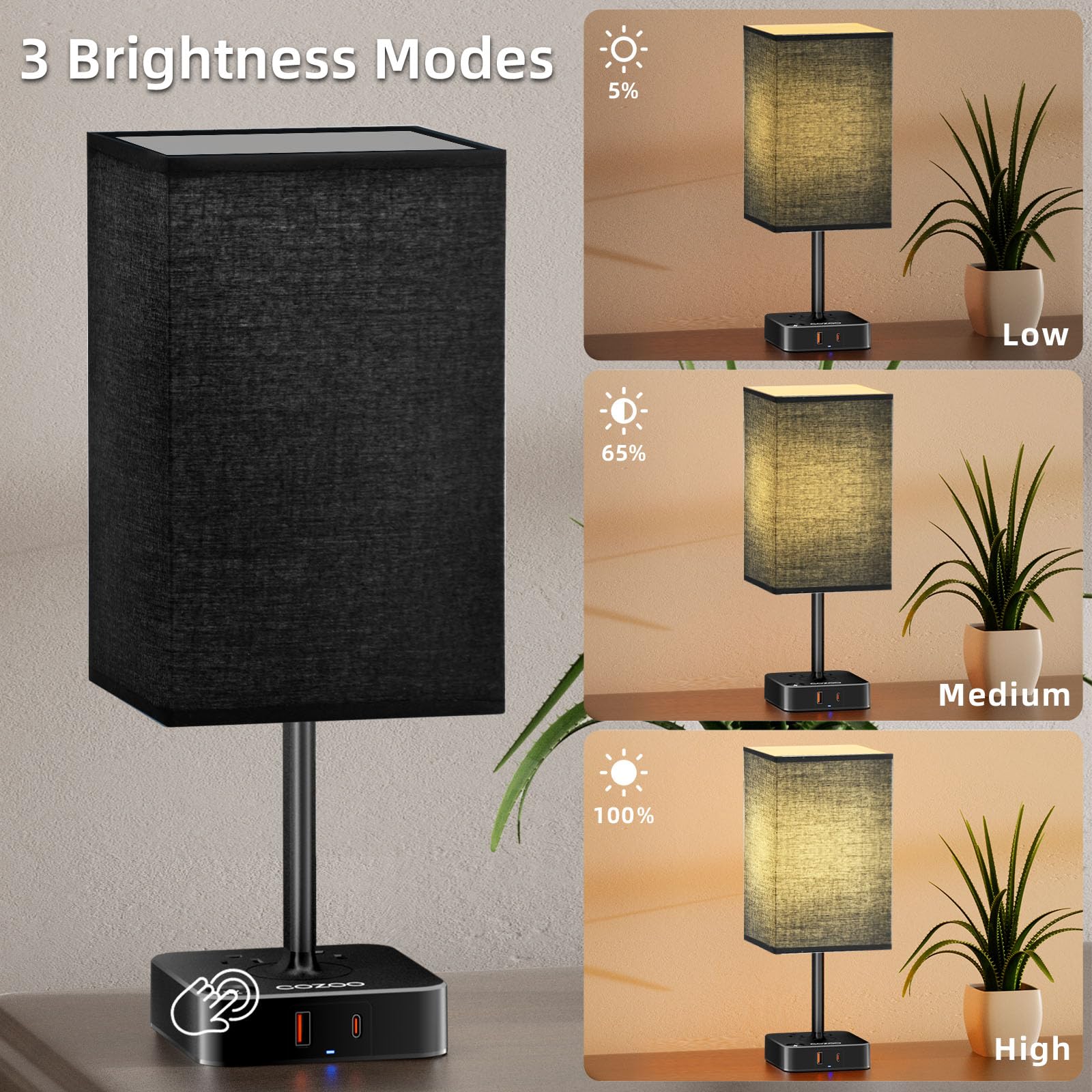 cozoo USB Bedside Table Desk Lamp with 3 USB Ports, 2 Outlets, 5.2inD x 5.2inW x 13.65inH, Black Fabric Shade