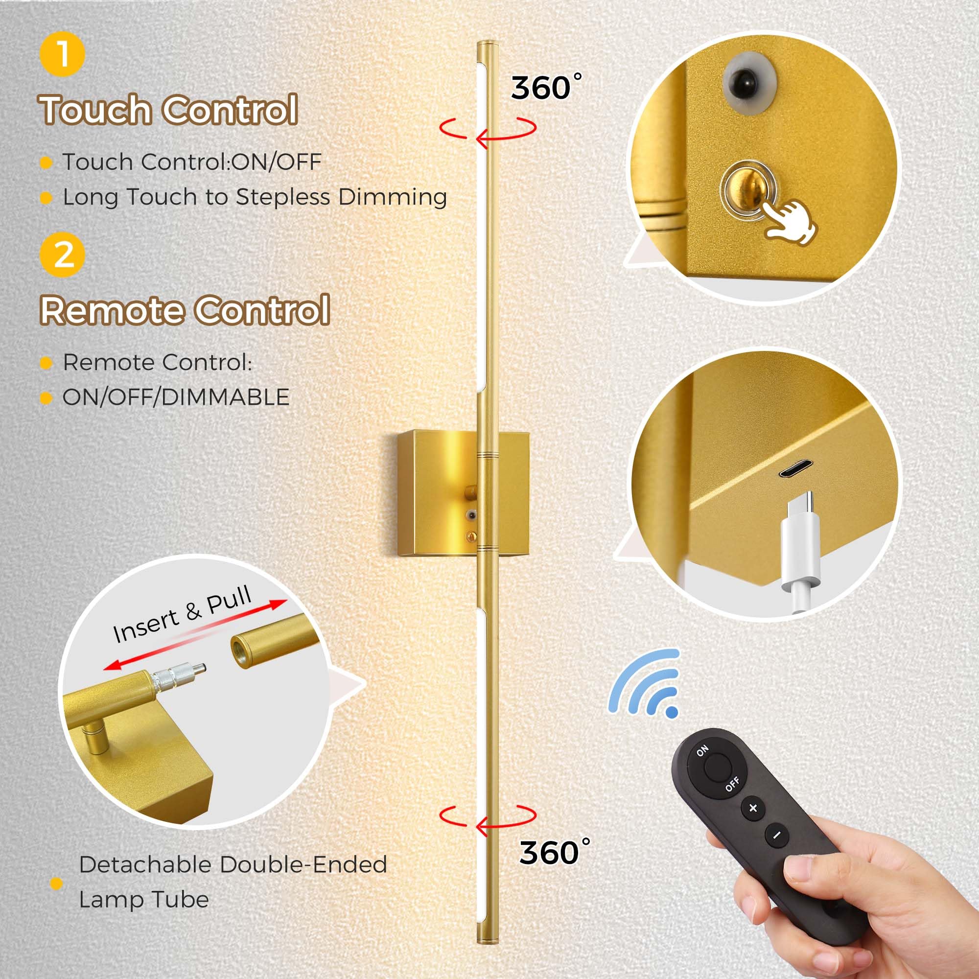 DORESshop Battery Operated Wall Sconces Set of 2, Dimmable, 29 Inch Gold Metal Lights with Remote Control