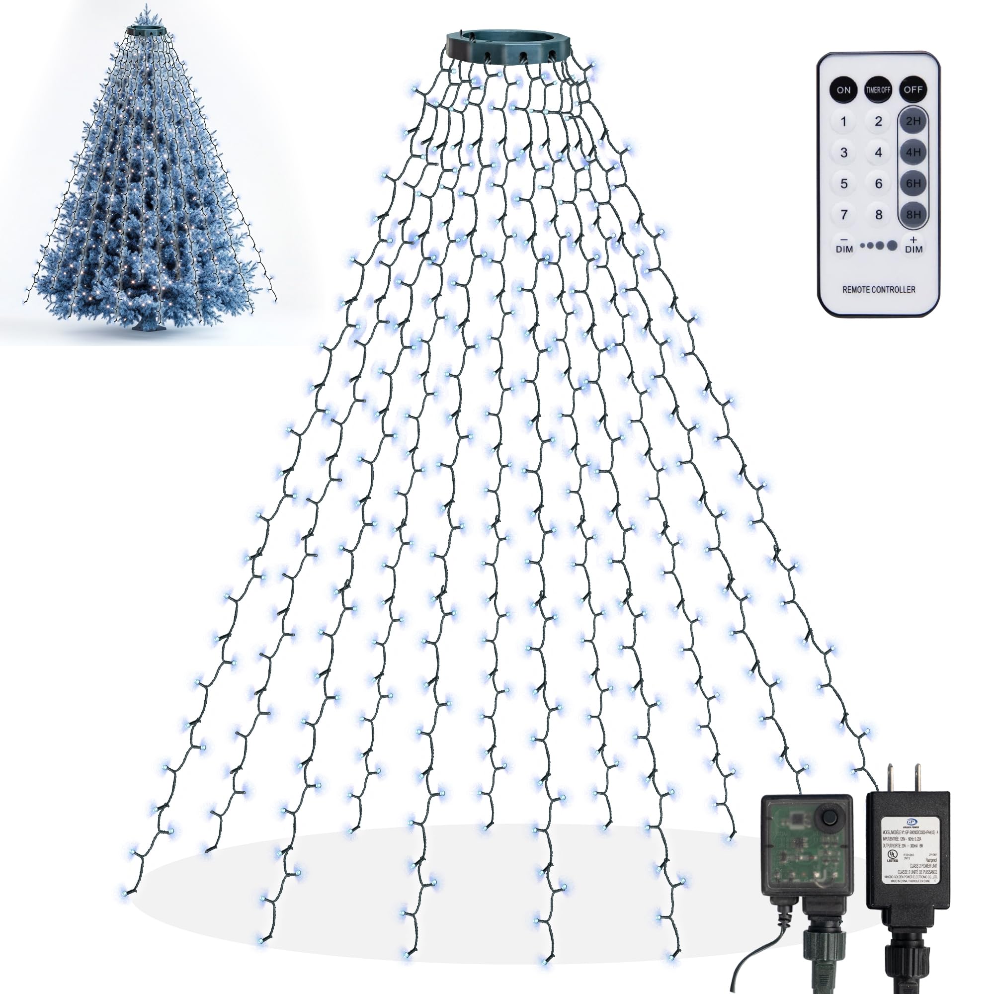Dazzle Bright 448 LED Christmas Tree Topper Lights with Remote, 8 Modes, 8.2FT, White, Model HB-300COI
