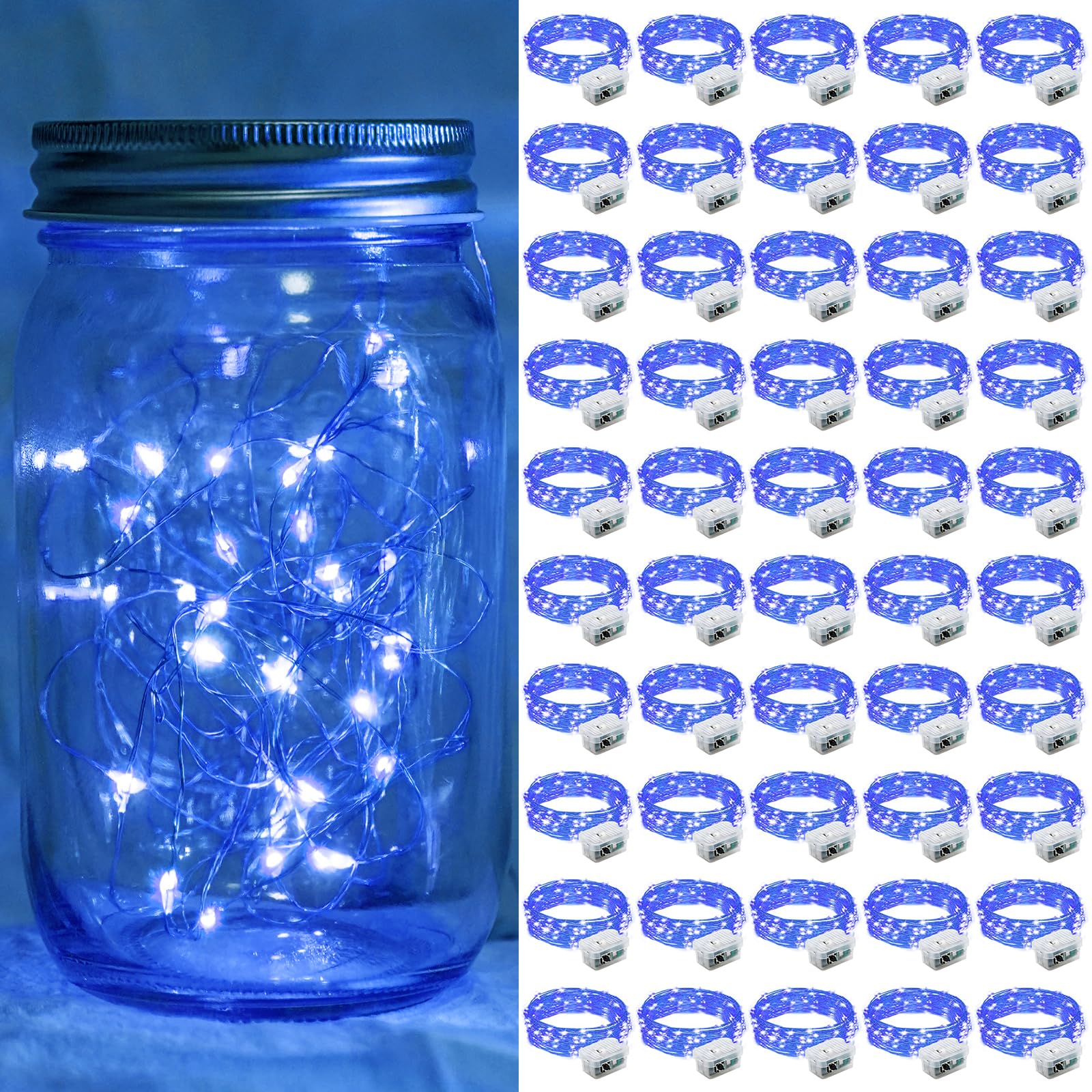 chzk 50 Pack Blue LED Fairy Lights Battery Operated, 7Ft 20LED Mini String Lights Waterproof Twinkle Lights Firefly Starry Moon Lights for Mason Jars Wedding Christmas Party Bedroom Decor