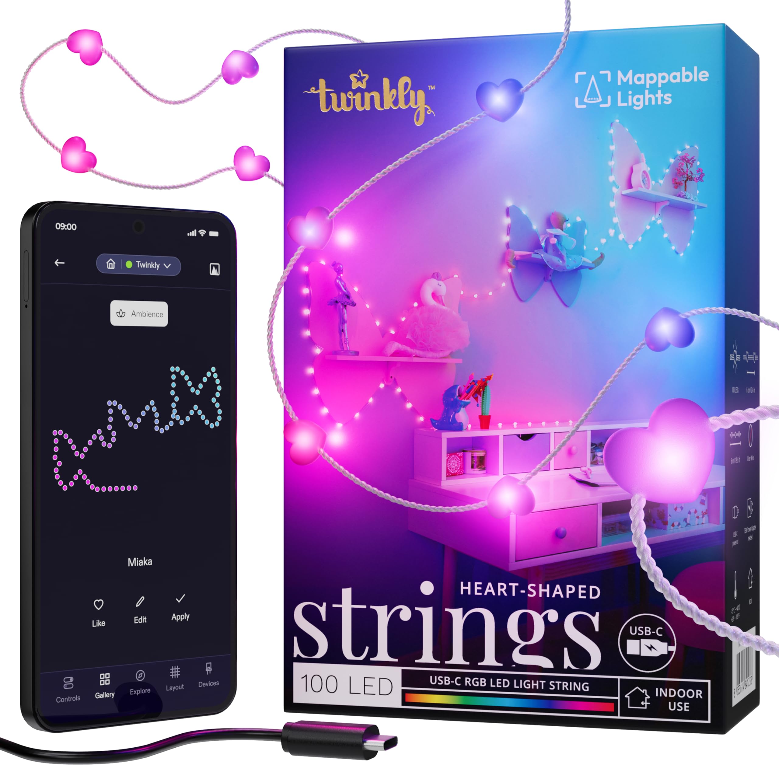 Twinkly Candies App-Controlled Heart-Shaped USB-C LED Light String w/ 100 RGB (16 Mil. Colors) 6 M/19.7 FT. Clear Wire. USB-C Ad