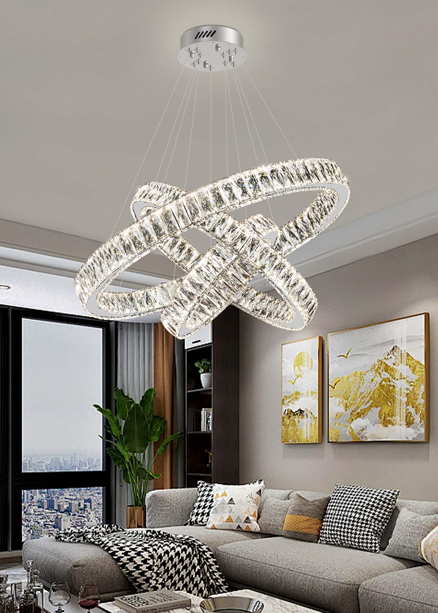 Idequy 3 Rings Crystal Chandeliers 32+24+16 Crystal Ceiling Light Fixture Pendant Lighting Hanging Lamp For Living Room Led Dimmable 3000-6000K
