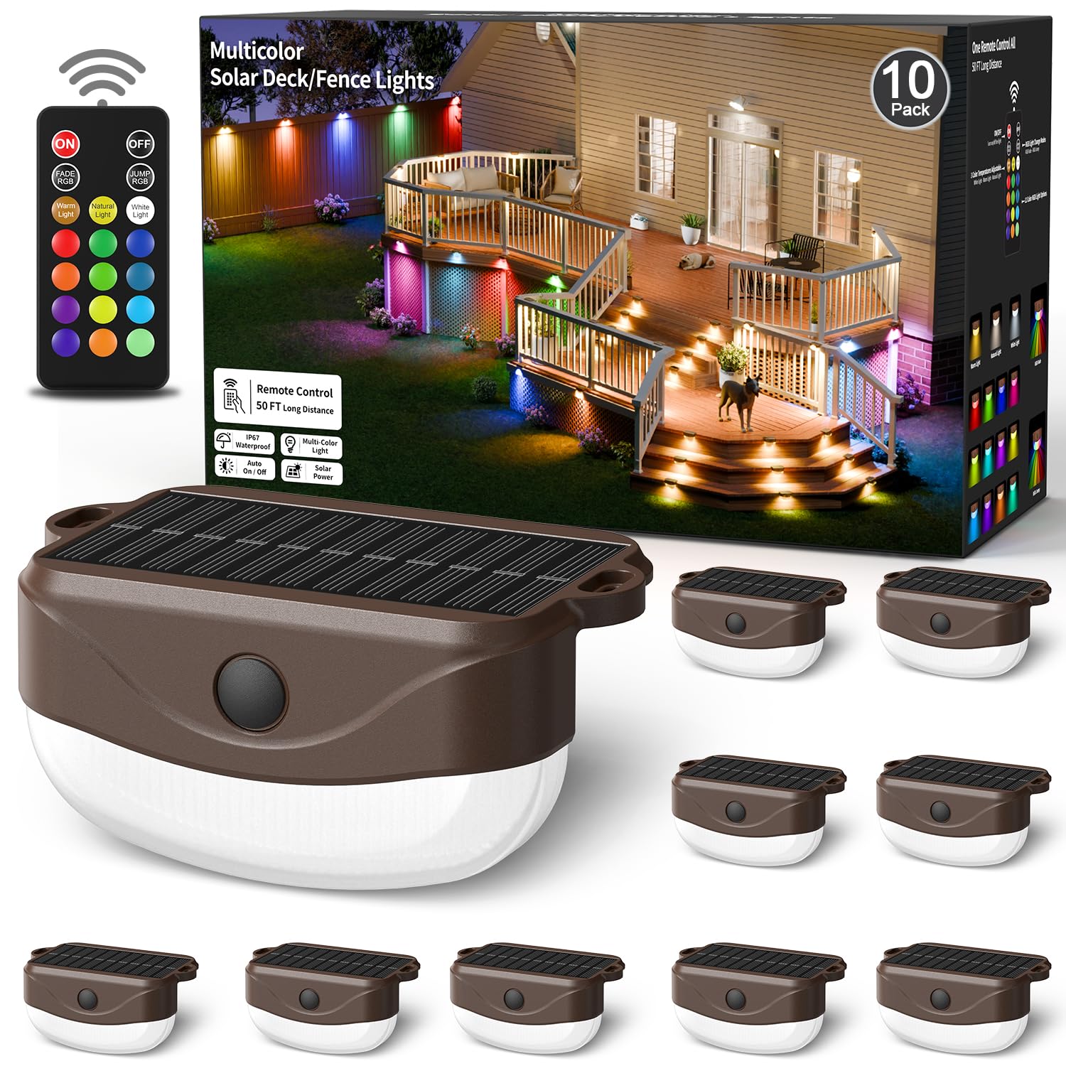 Hicotet Solar Fence Lights, 10 Pack, IP67 Waterproof, Remote Control, 15 Multi Colors, Brown, Model LNM-WLD-01
