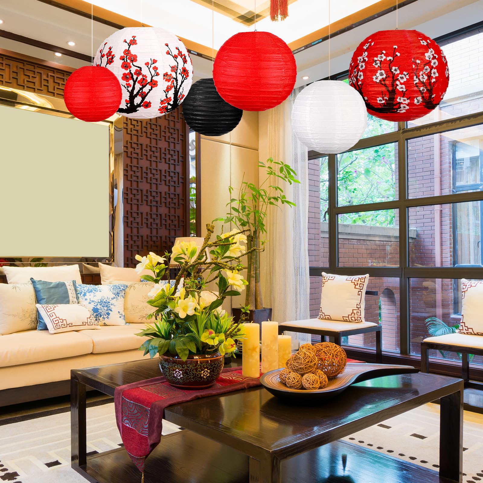 Bencailor 13 Pcs Paper Lantern Set - Hollow Round Plum Blossom - Red White Gold - Dark Color - Chinese New Year Decor - Model ZY-Bencailor-52736