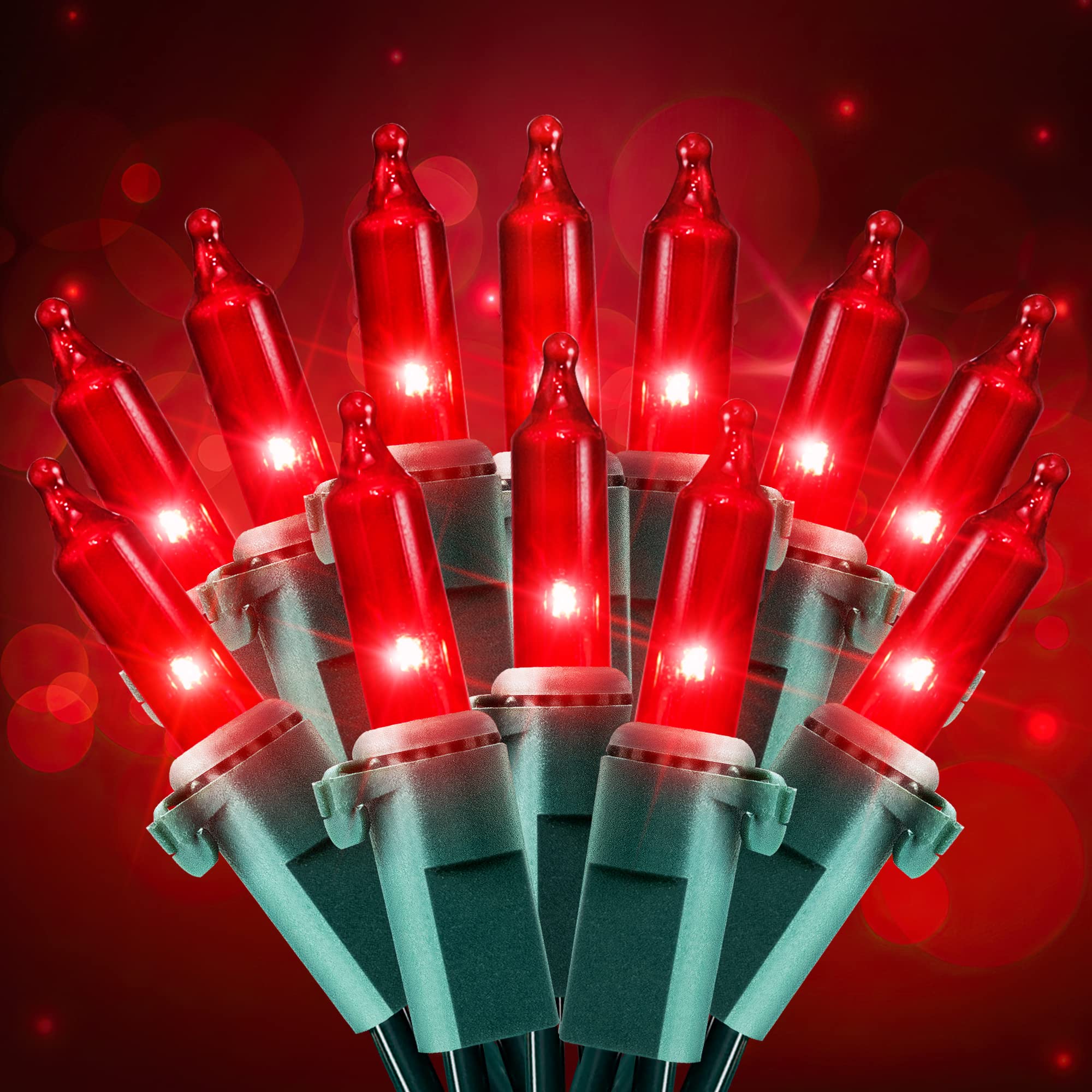 Hopolon 50 LED Red Christmas Lights, 2-Pack Green Wire, 13 Feet Long for Indoor/Outdoor Holiday Decor