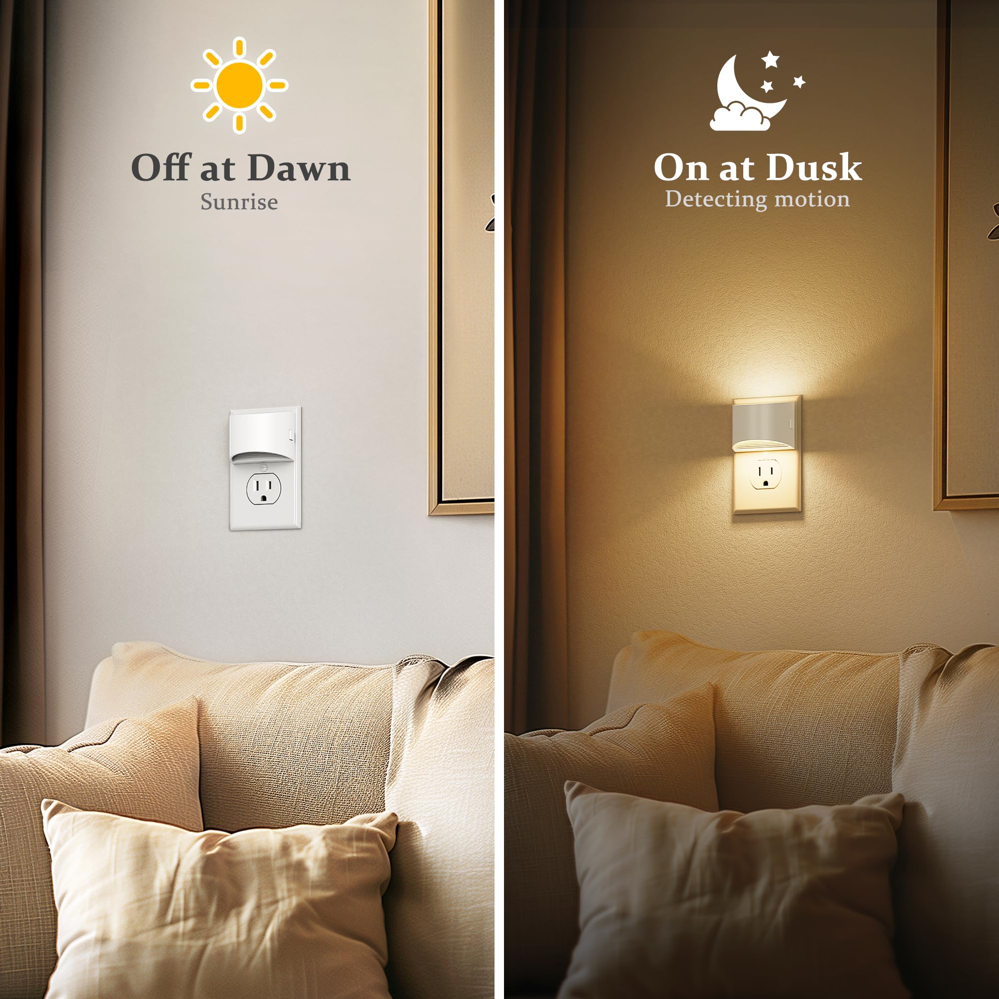 JandCase LED Night Lights 2 Pack, Dusk to Dawn Sensor, Brightness Adjustable, Electroplate White, Model C-GY10702WHUS-2