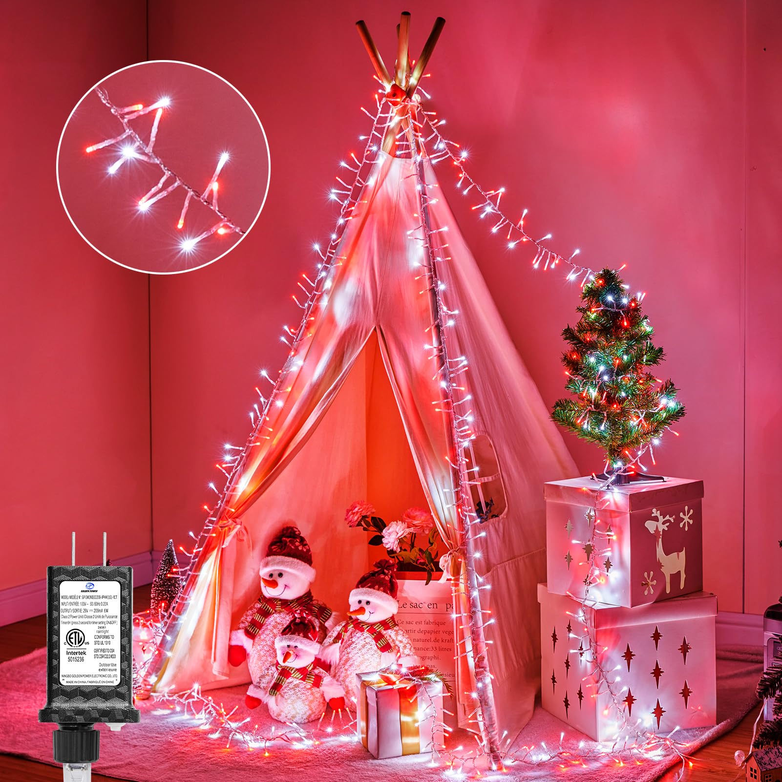 Minetom Christmas Cluster Lights - 200 LED, 10FT, Red & Cool White, 12 Modes, Waterproof, Plug-in Twinkle Fairy Lights