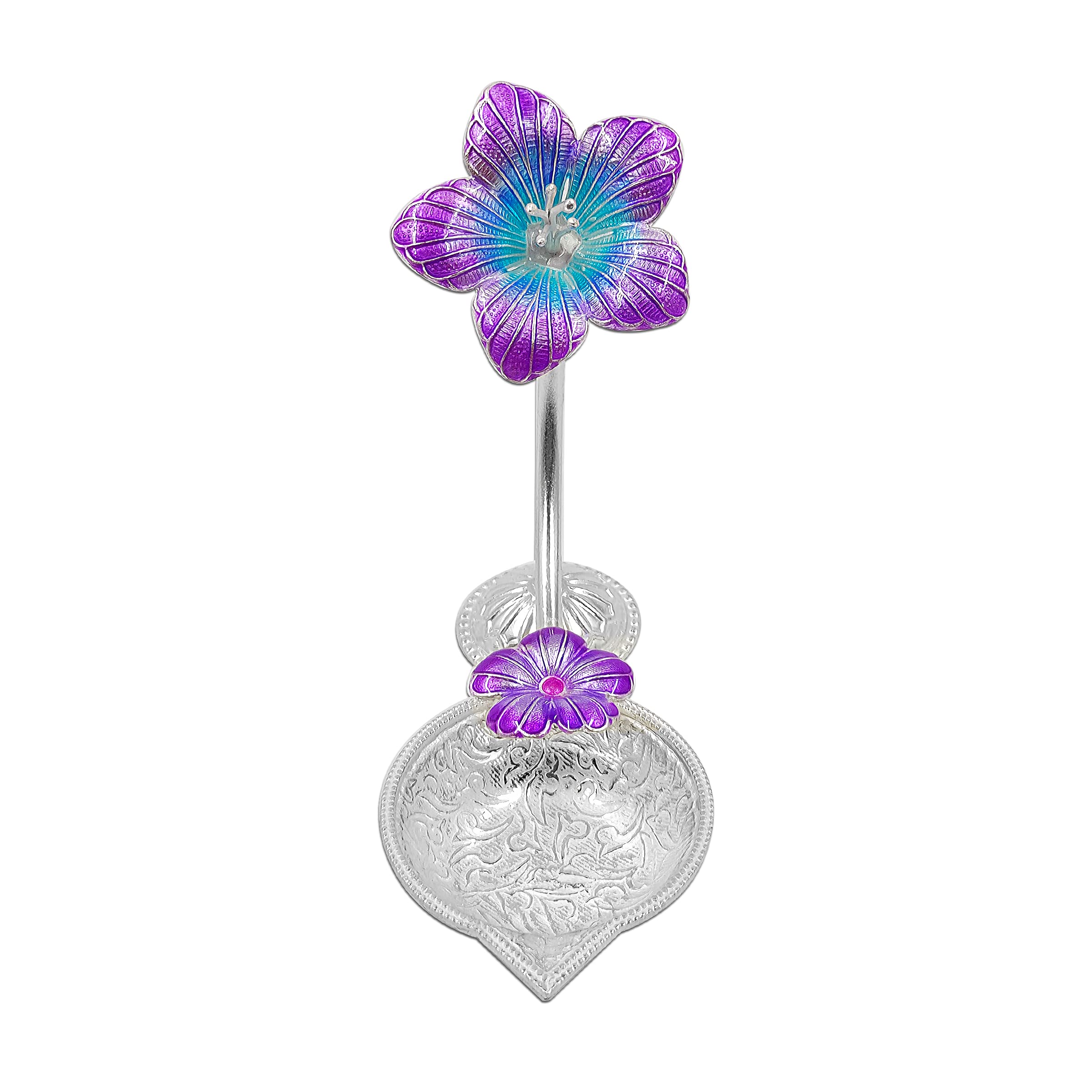 MAA SILVER Pure Silver Diya/Lamp/Deepak with Purple Hibiscus/Jaswanti Flower Design Perfect for Gift and Pooja Use (65 Purity)(2