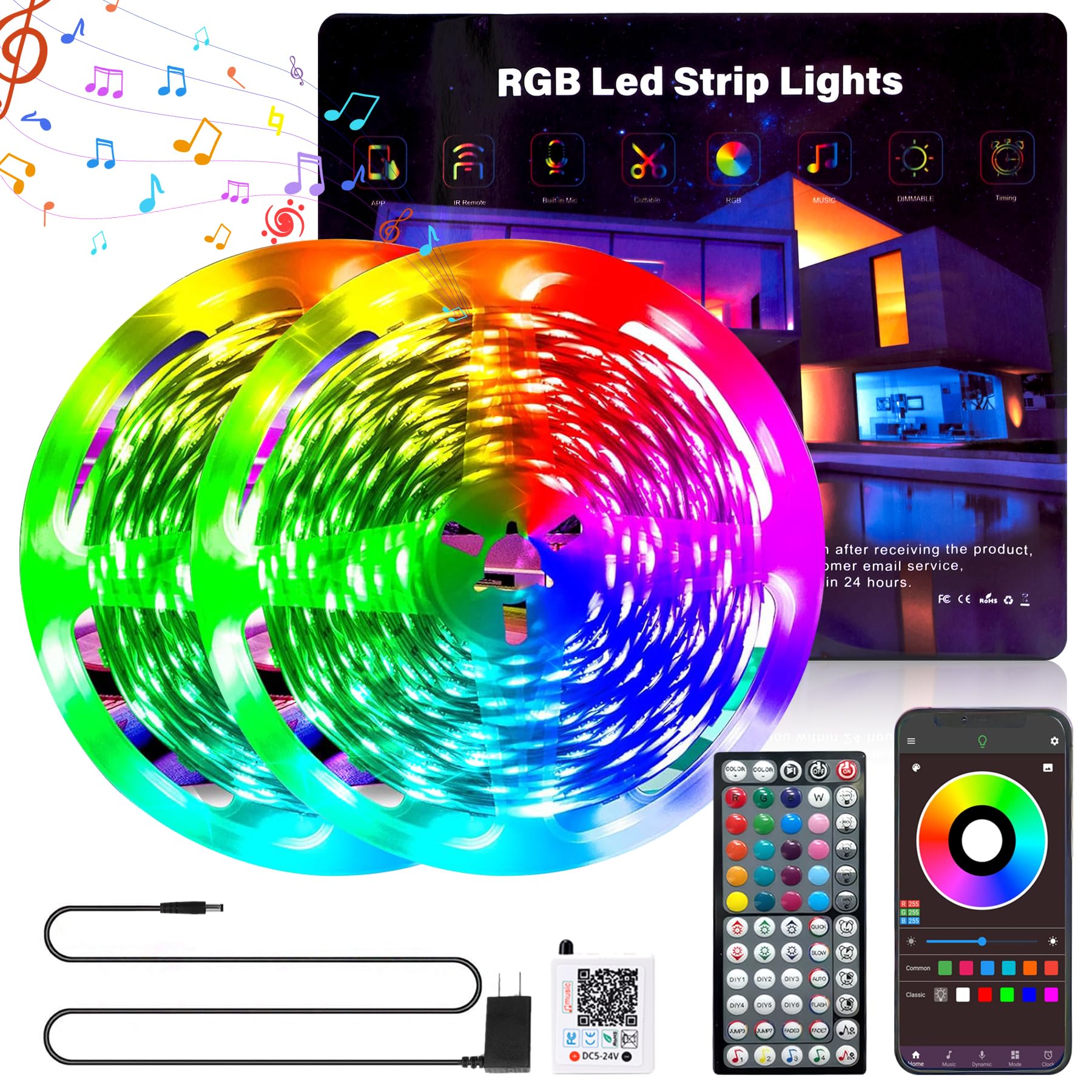 Ledagic RGB LED Strip Lights 150ft Color Changing Music Sync Remote App Control, Dimmable Plastic for Bedroom Home Decor