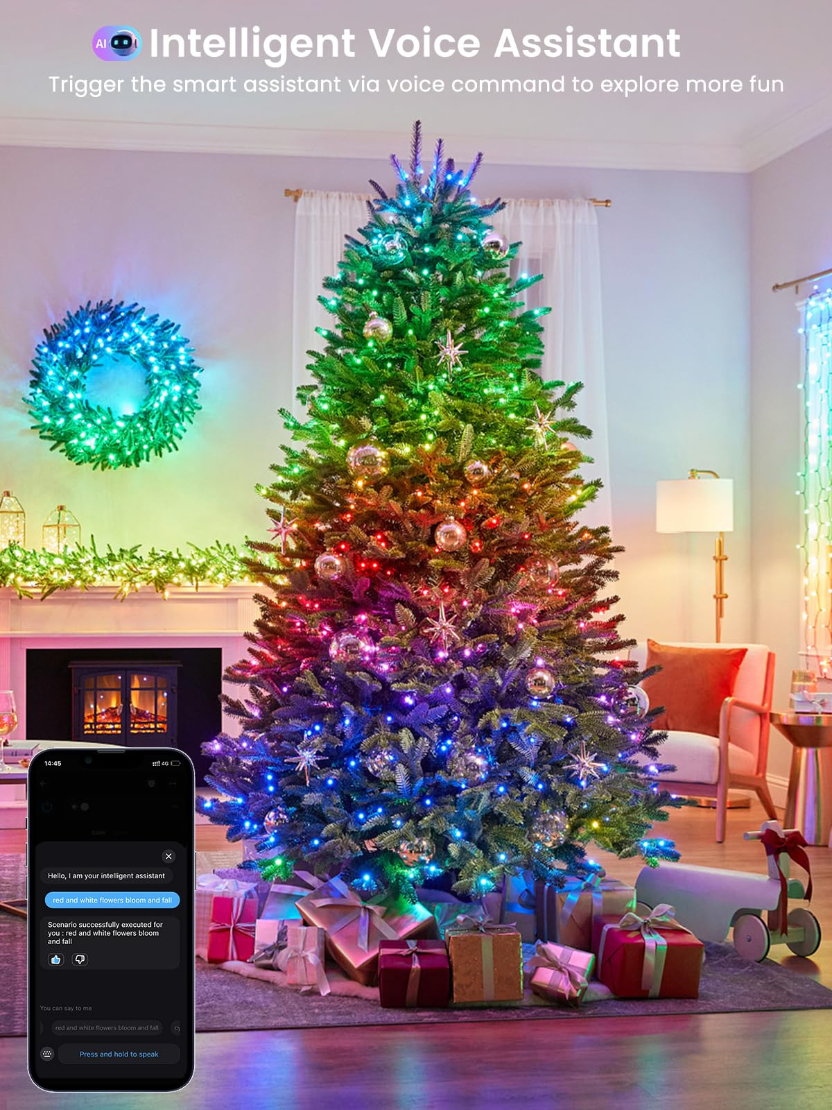 EEW Smart Color Changing Christmas Lights, 300 LED RGB, 109FT, Waterproof, Remote & APP Control for Indoor/Outdoor Decorations