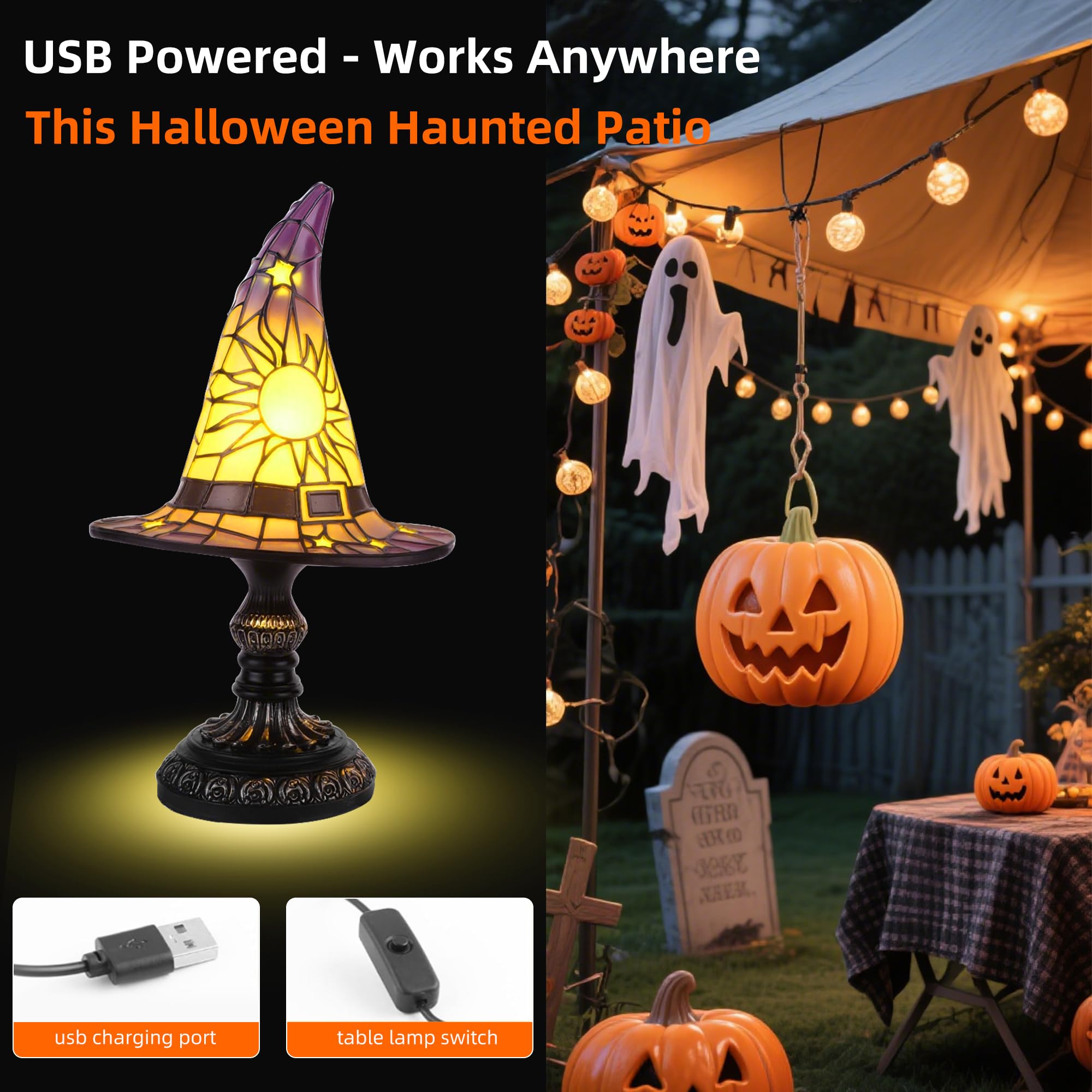 Lufstd Witch Hat Lamp - Stained Resin, Purple, Model NWMD1001, Ideal for Indoor & Outdoor Halloween Decoration