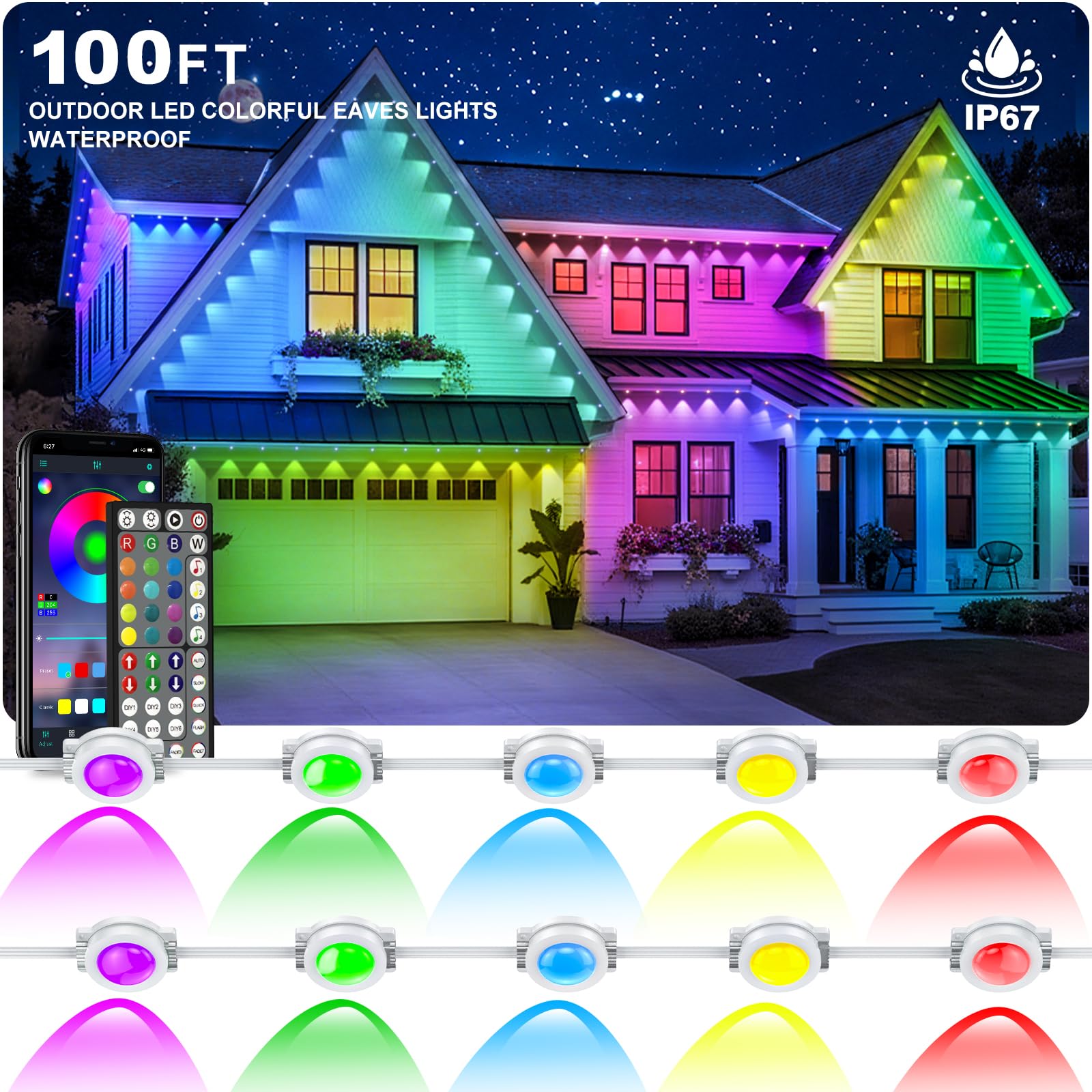 INZIDOL Permanent Outdoor Lights 100FT RGB Eave Light IP67 Waterproof Lighting for House Smart LED with App/Remote Control for Outdoor Decor Garden Decor Party Holiday