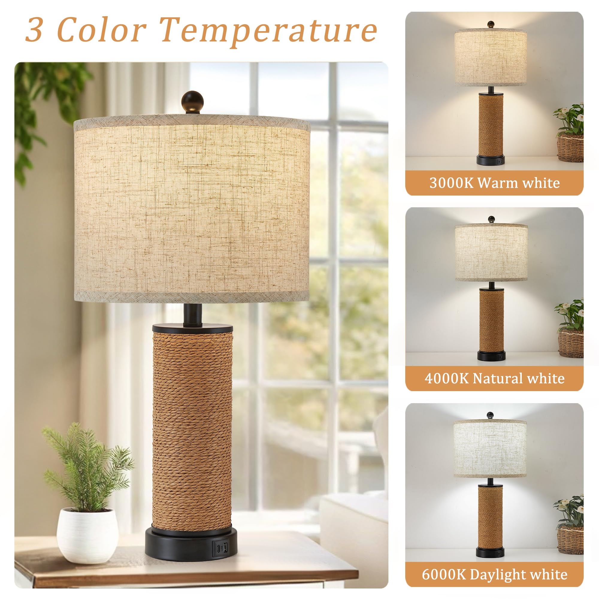 Set Of 2 Rattan Table Lamps For Living Room With Usb C+A Ports, 3 Color Temperature Nightstand Bedside Lamp Rocker Switch Coasta