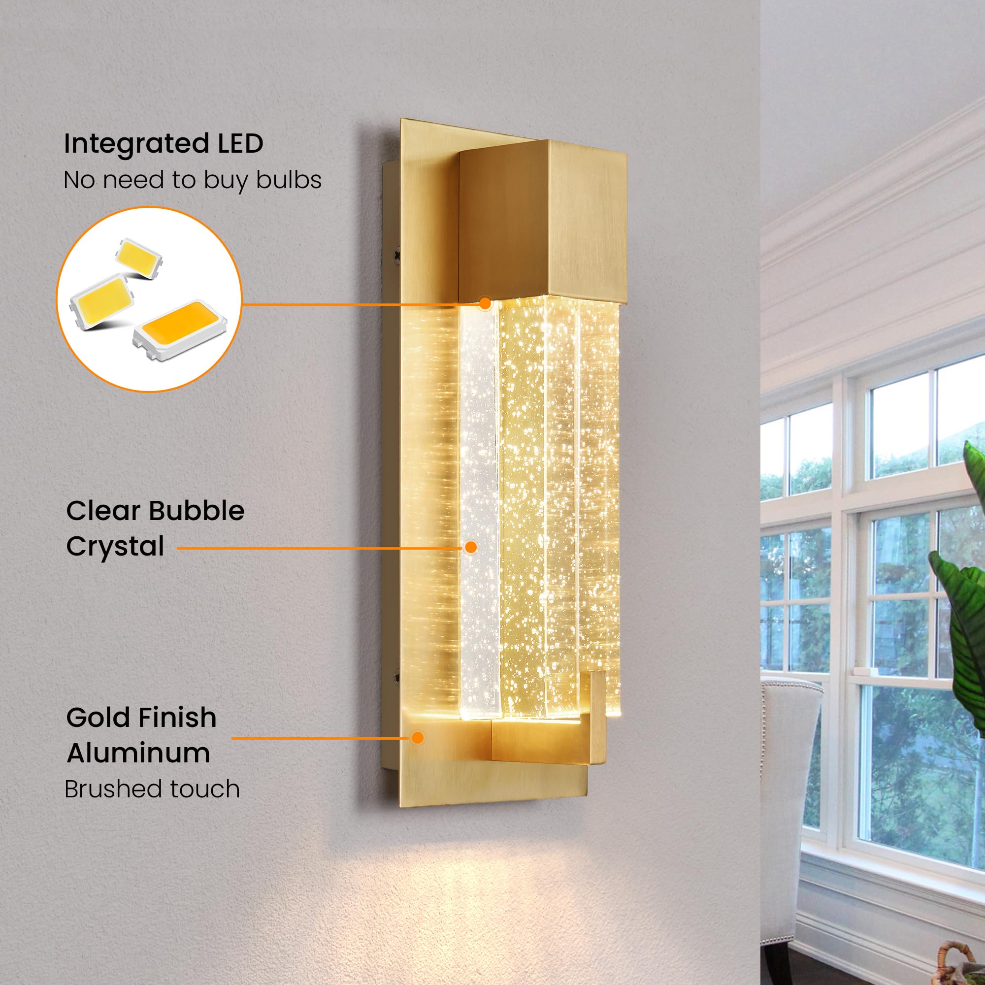 WOSHITU LED Wall Sconce Light: 11 Inch Gold Modern Sconces Wall Lighting 3000K Dimmable Crystal Wall Lamps Indoor Bathroom Sconc