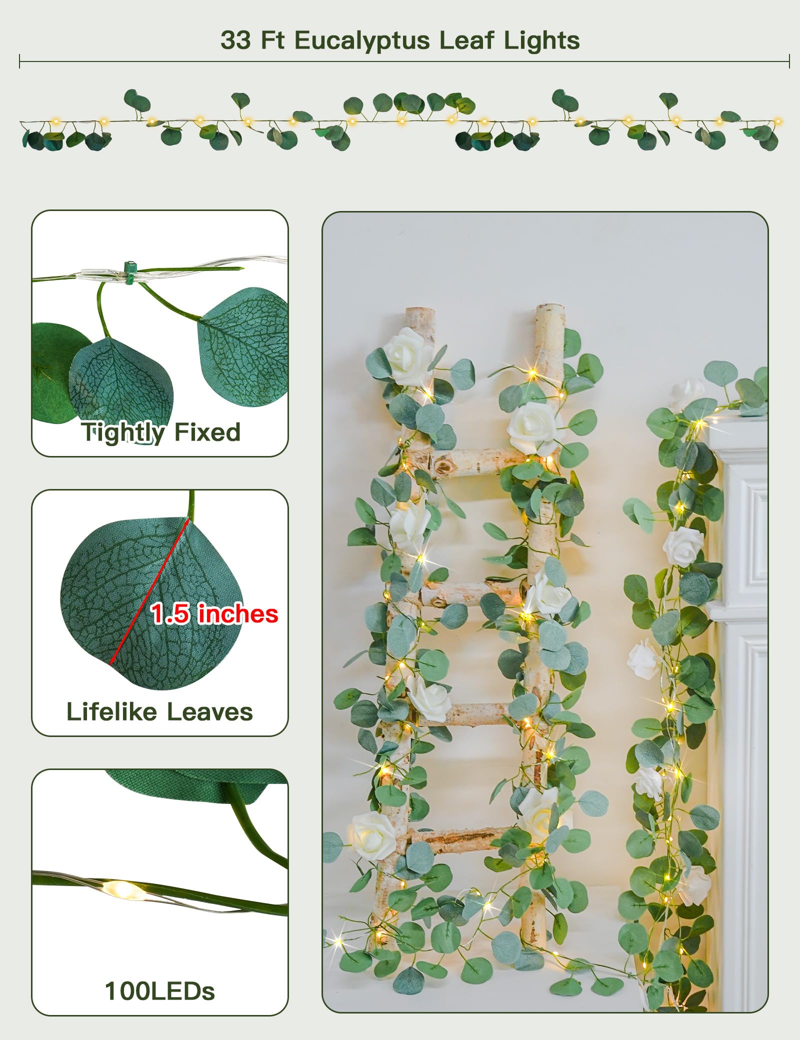 suddus Eucalyptus Garland String Lights, 33ft, 100 LED, Battery Operated, Warm White, Remote Control, Copper Wire