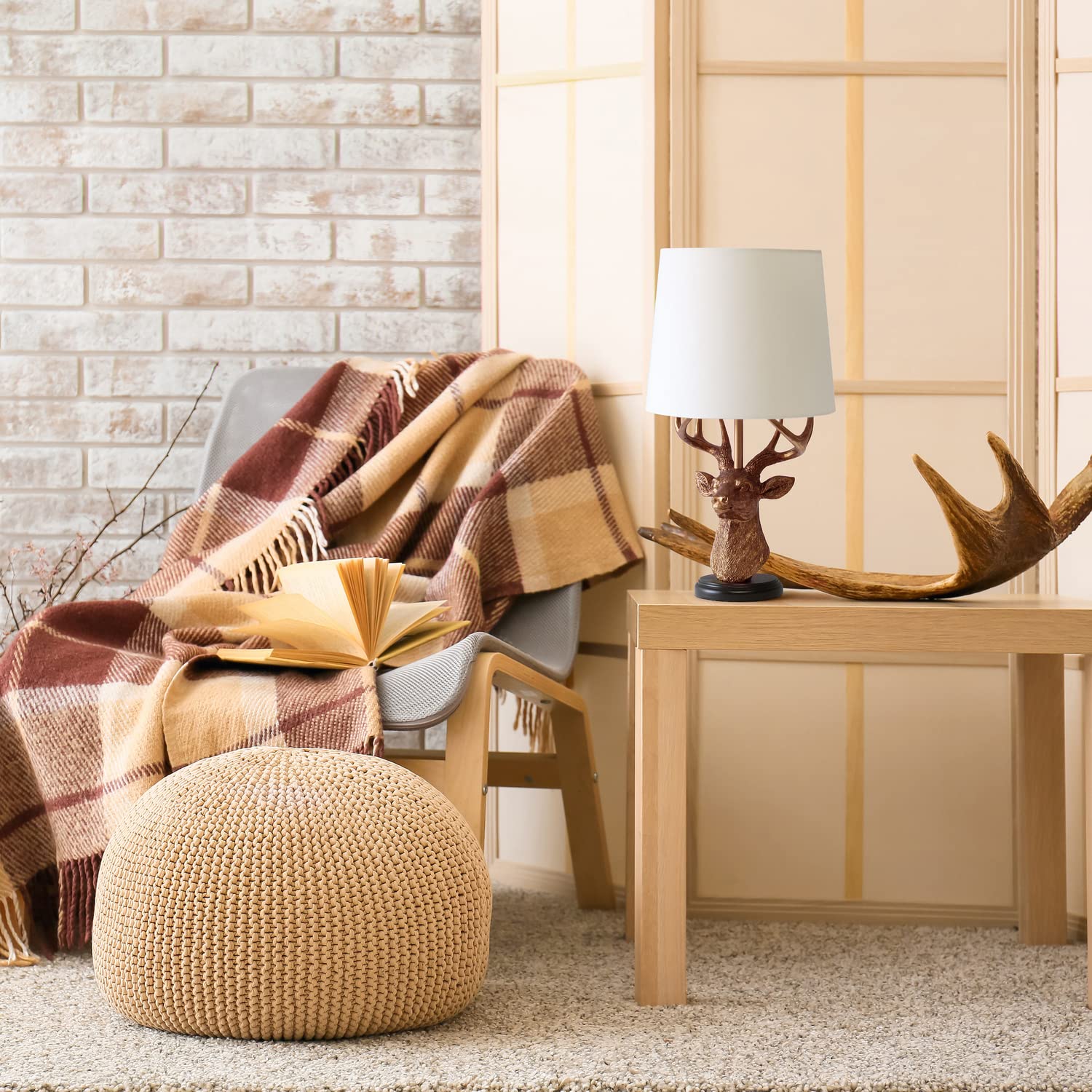 Simple Designs LT1095-CPR Rustic Antler Copper Table Lamp, 17.25" Tall, White Shade, Ideal for Cabin, Lodge, Living Room, Bedroom Decor